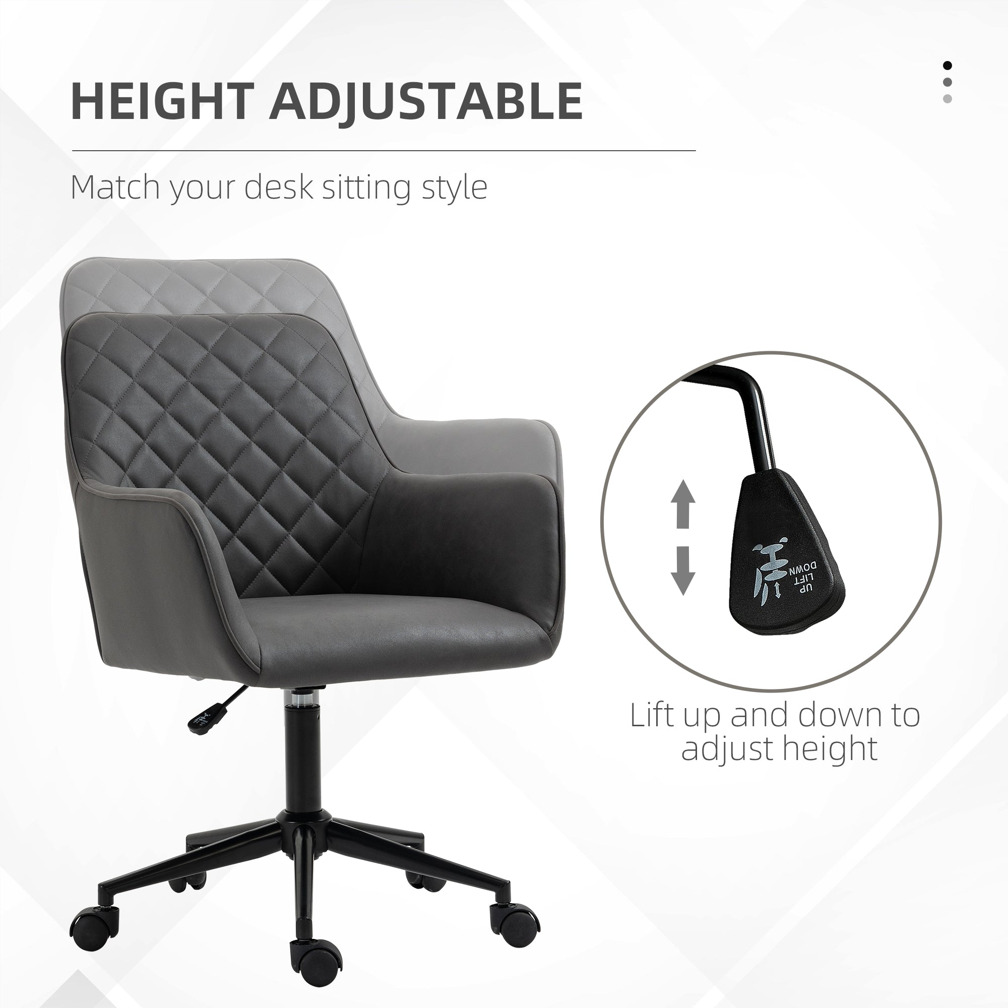 Vinsetto Office Desk Chair, Leather-Feel Fabric Computer Swivel Chair with Rolling Wheels and Adjustable Height for Home, Grey - North Peak Garden Furniture