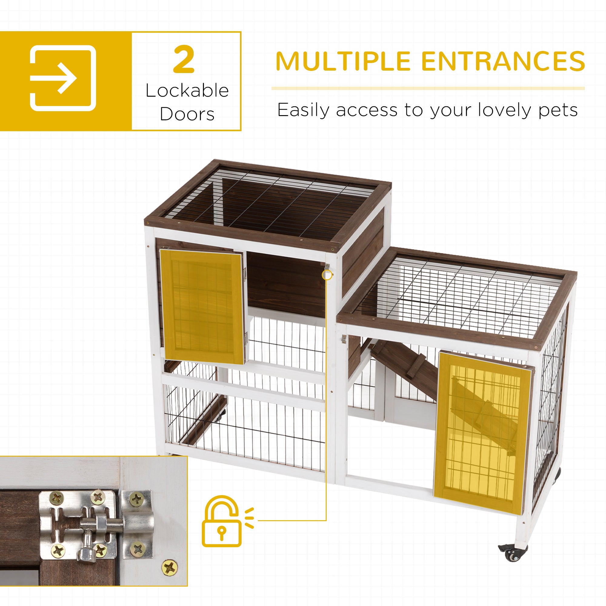 PawHut Two-Tier Rabbit Hutch Pet Cage, with Wheels - Brown - North Peak Garden Furniture