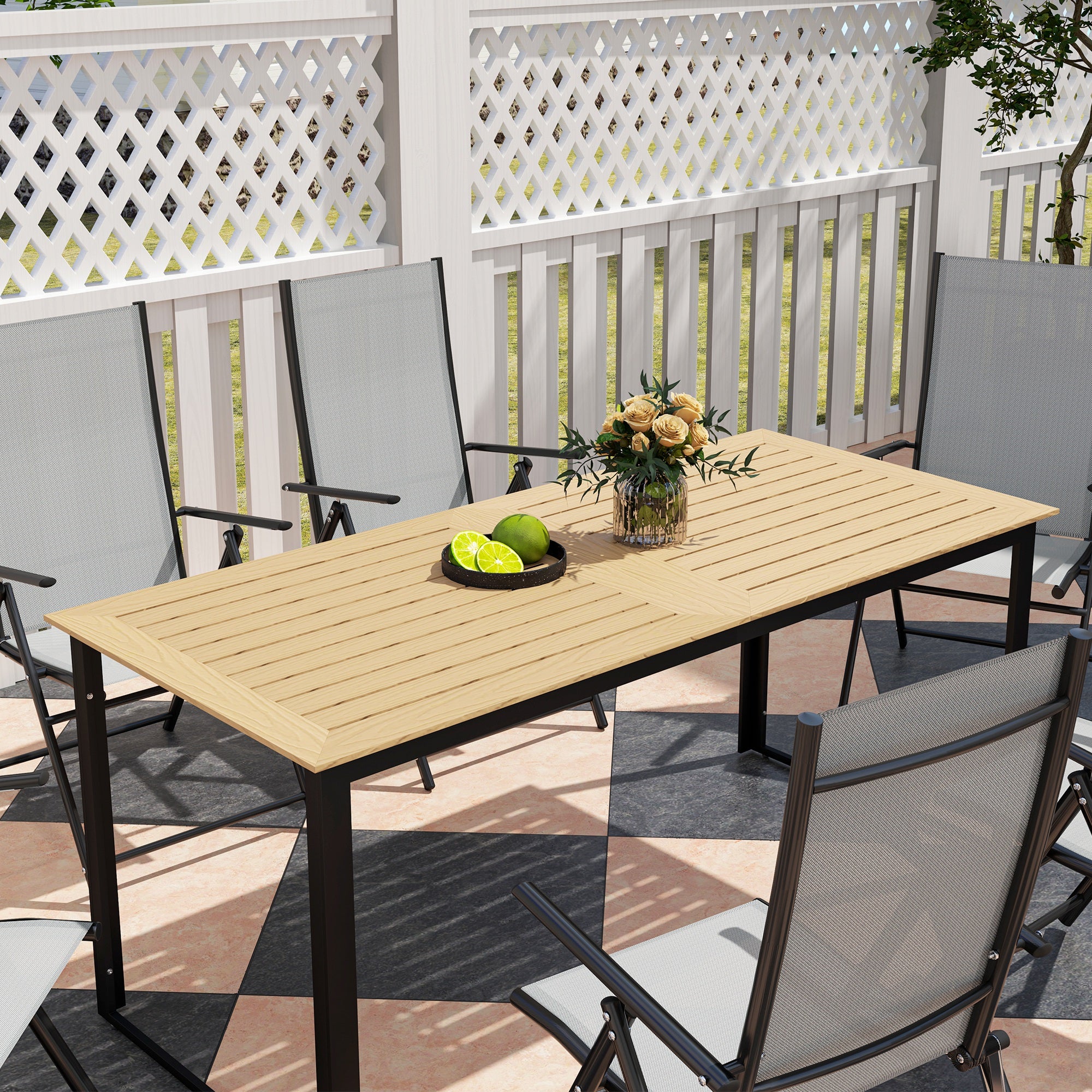 Outsunny Garden Table for 6 People, 175 x 78 x 75 cm Rectangle Outdoor Dining Table with Slatted Top, Metal Frame, for Balcony, Deck, Teak - North Peak Garden Furniture