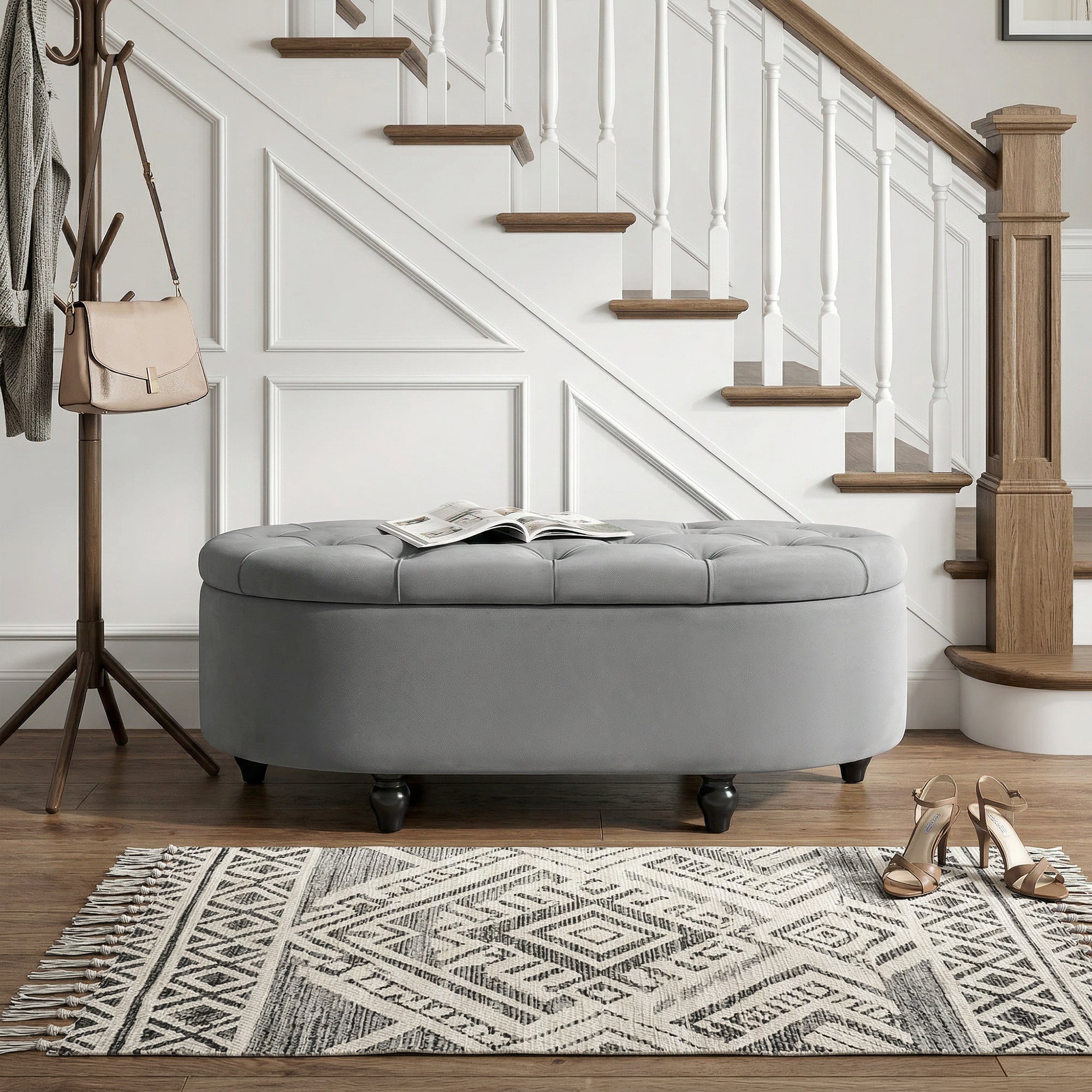 HOMCOM Velvet-Feel Half Circle Storage Ottoman - Dark Grey