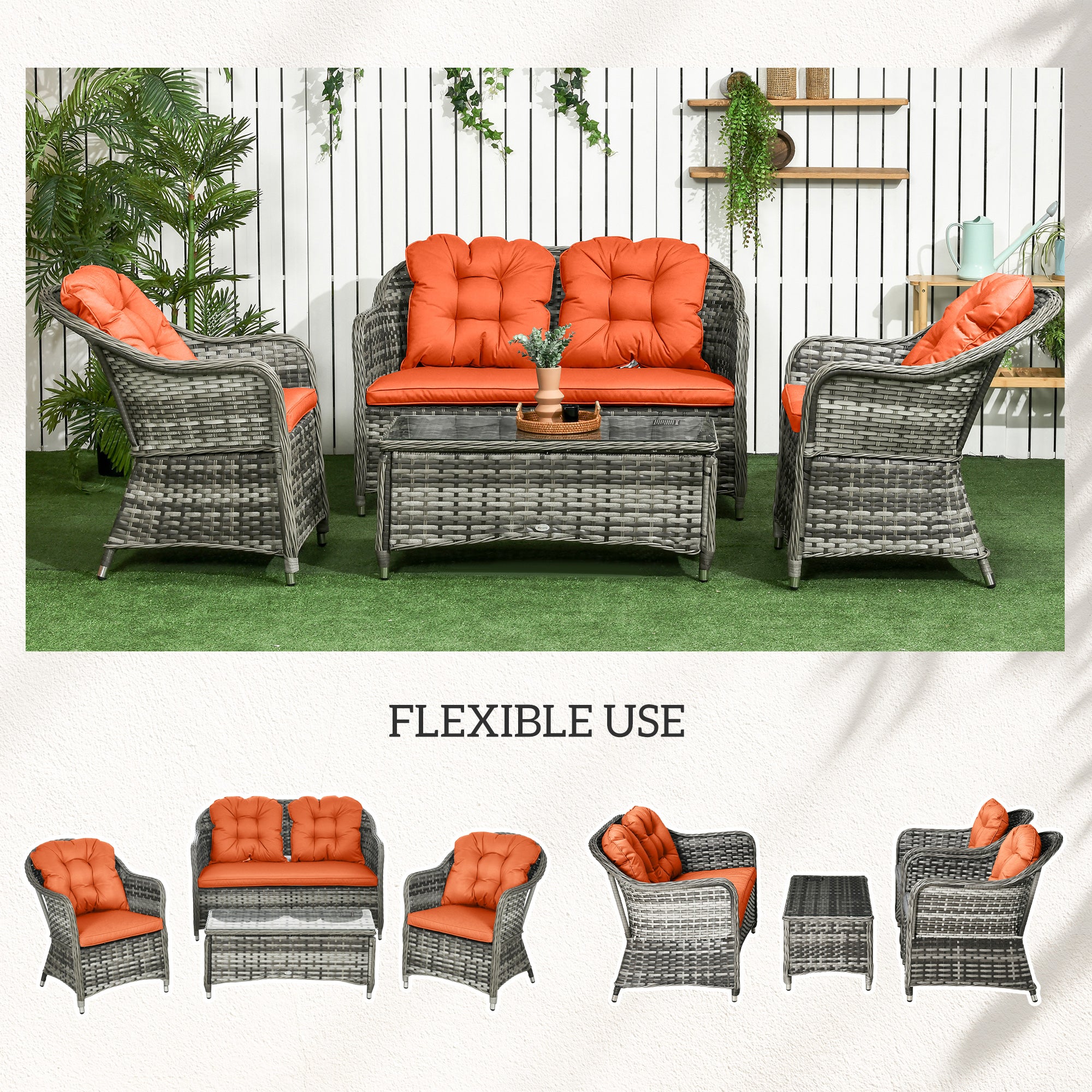 Outsunny Four-Piece Rattan Sofa Set, with Glass-Top Table - Orange - North Peak Garden Furniture