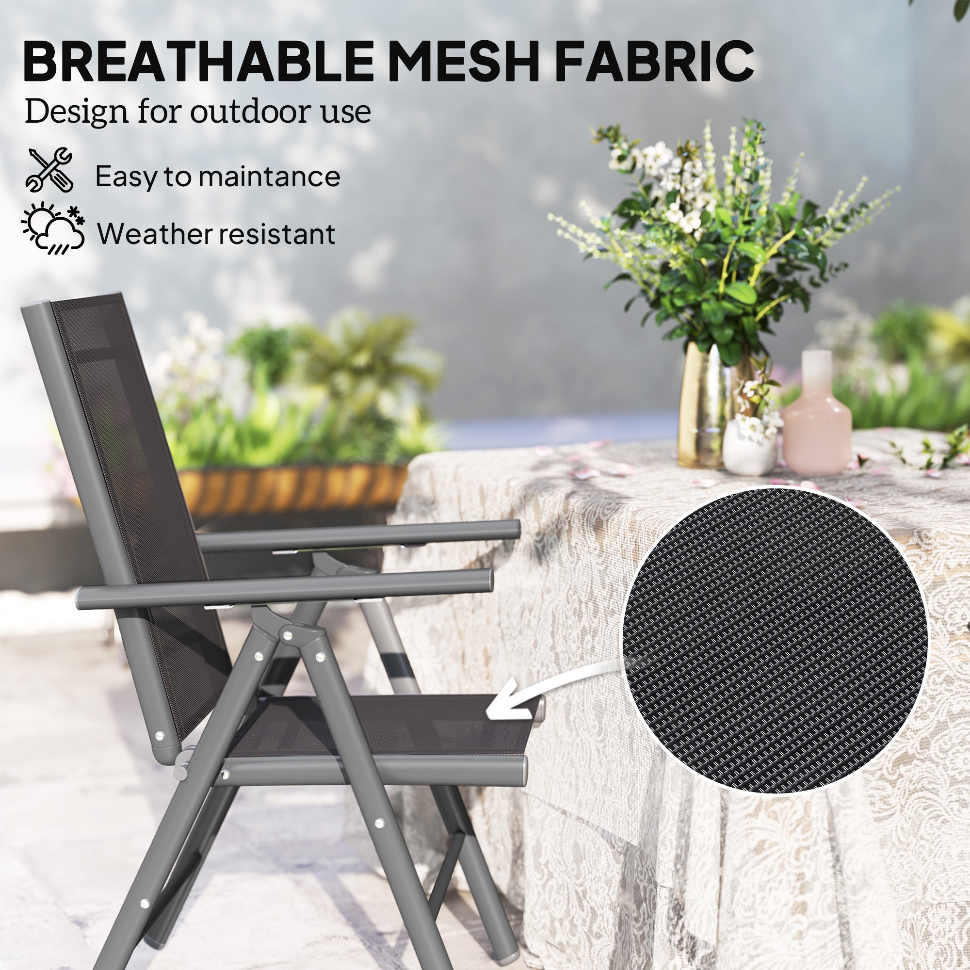 Outsunny Set of 2 Folding Chair, Aluminium Frame Outdoor Camping Chairs with Breathable Mesh Back and Seat, Garden Chair Set with Armrests for Balcony, Dark Grey - North Peak Garden Furniture