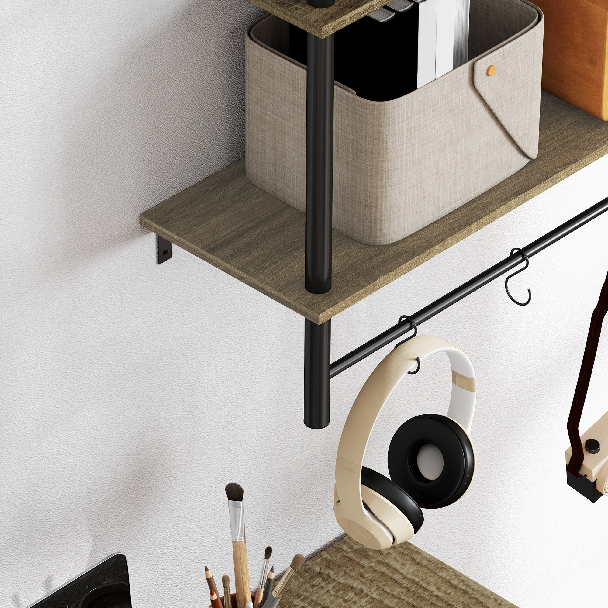 HOMCOM Wall Mounted Floating Shelves with 4 Hooks, Rustic Wall Shelf Unit for Living Room, Entryway, Grey - North Peak Garden Furniture