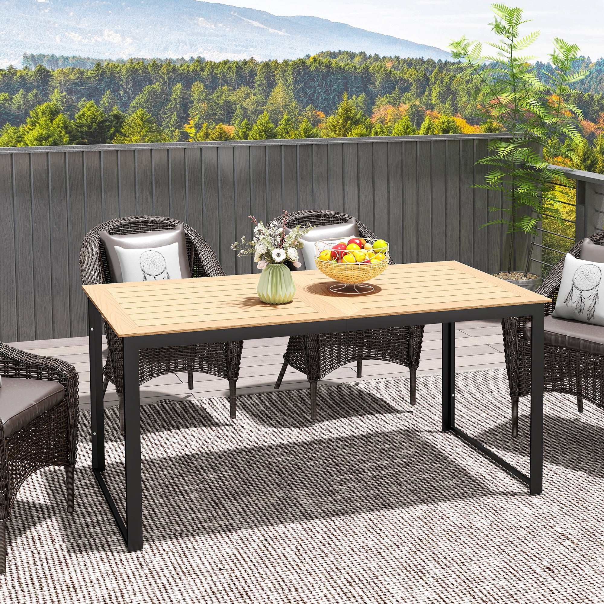 Outsunny Garden Table for 6 People, 160 x 80 x 75 cm Rectangle Outdoor Dining Table with Slatted Top, Metal Frame, for Balcony, Deck, Teak - North Peak Garden Furniture