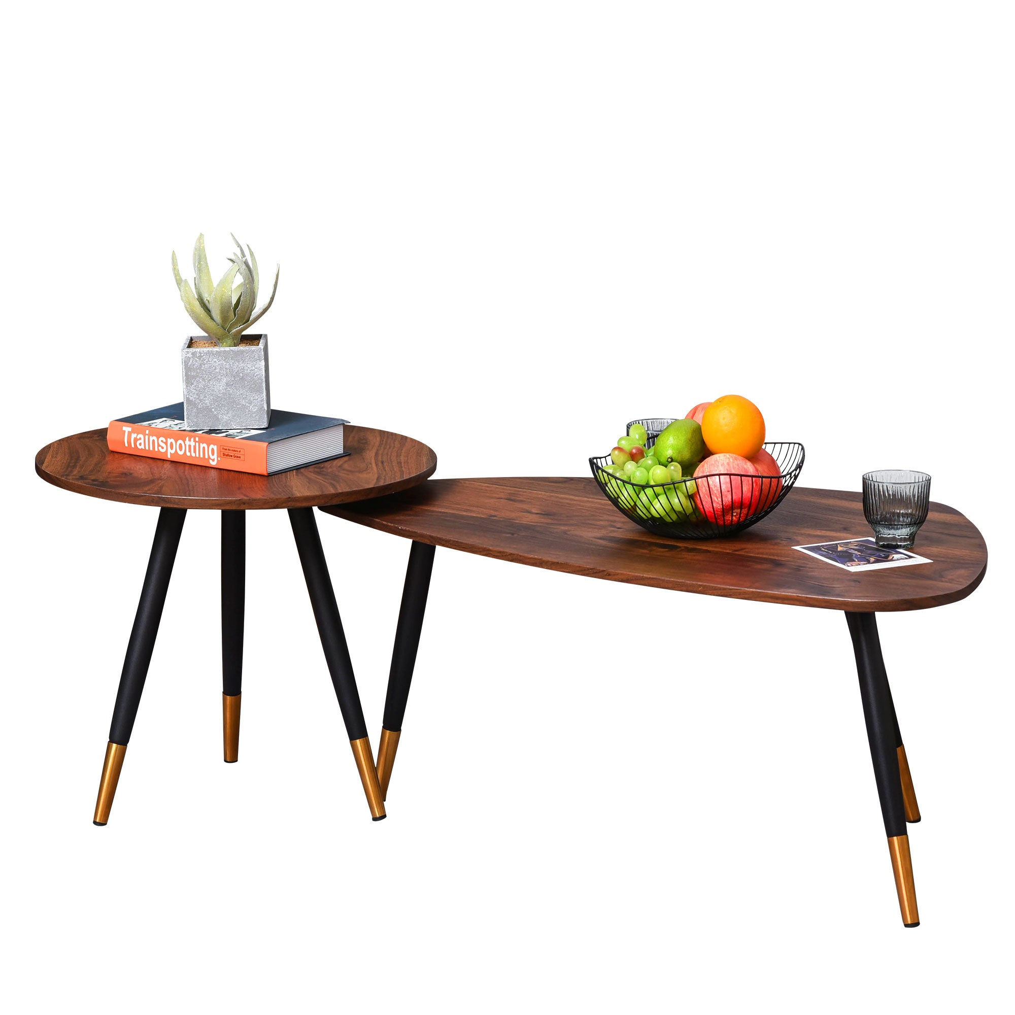 HOMCOM Set of Two Scandinavian-Style Coffee Tables - Walnut - North Peak Garden Furniture