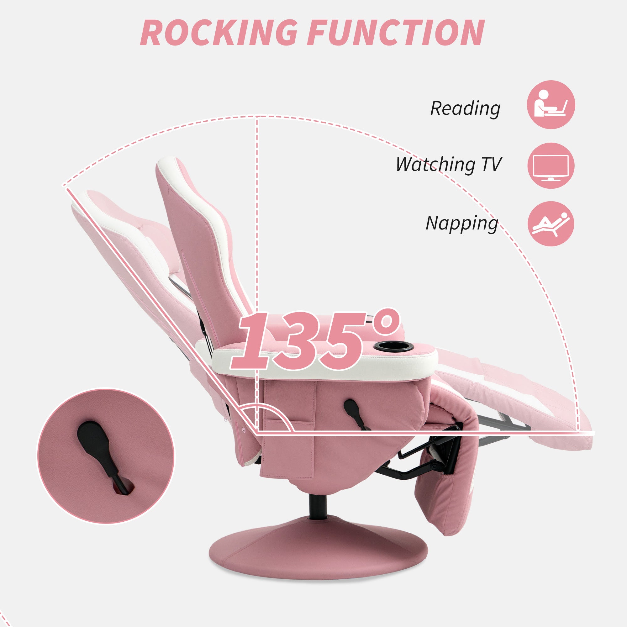 HOMCOM Manual Recliner Armchair PU Leather Lounge Chair w Adjustable Leg Rest, 135° Reclining Function, 360° Swivel, Pink - North Peak Garden Furniture