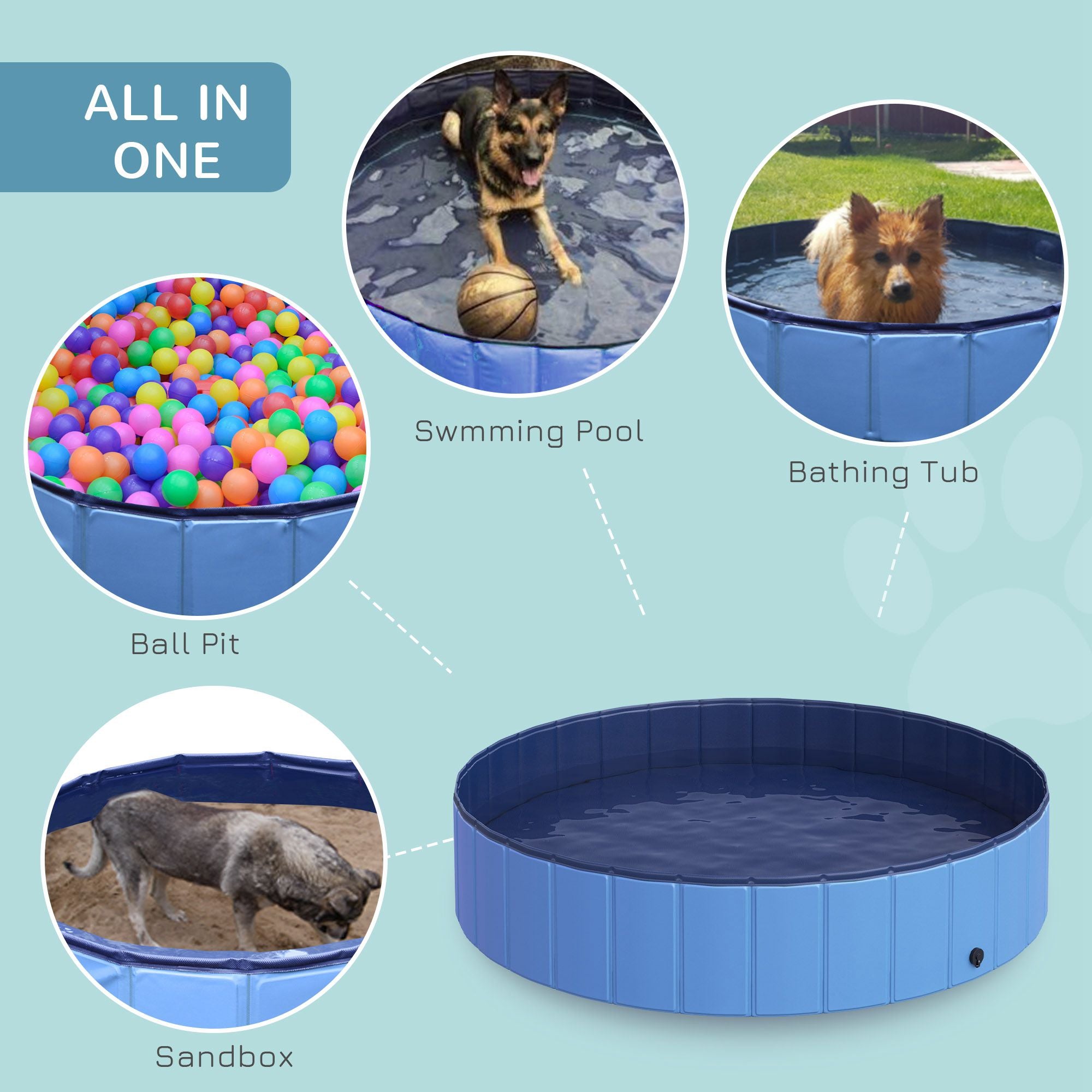 Pawhut Durable Pet Swimming Pool, Foldable Dog Paddling Pool, Easy Setup, Non-Slip, 140 x 30H cm, Blue