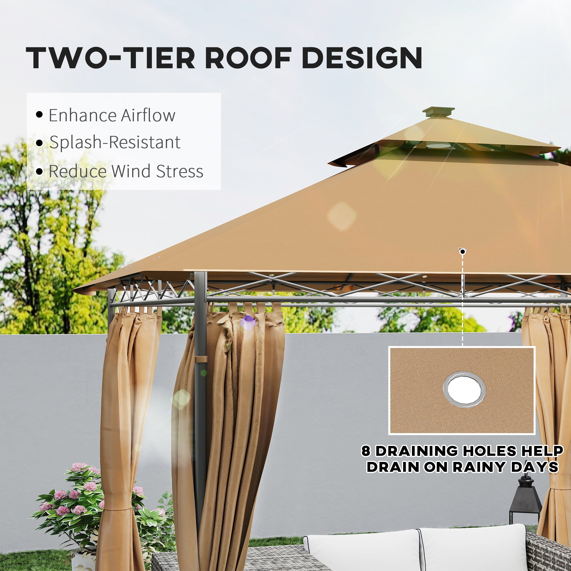 Outsunny 3 x 3 m Solar LED Metal Gazebo - Brown - North Peak Garden Furniture