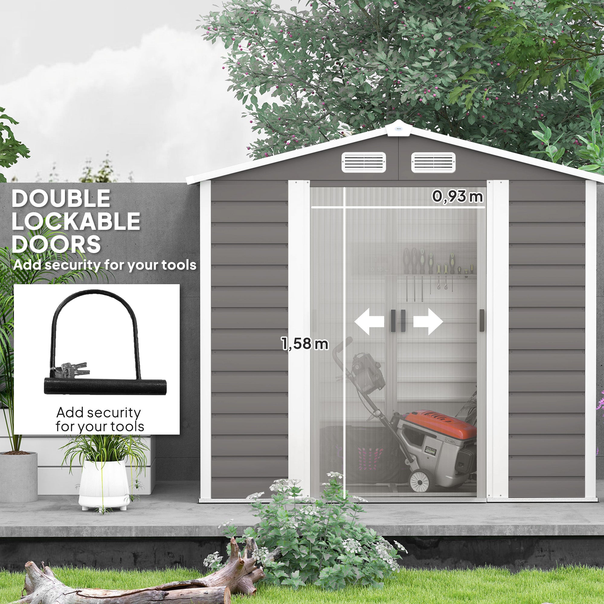 Outsunny 7 x 4ft Garden Shed, Easy to Assemble, Upgraded Galvanised Steel Frame with Foundation Kit, Double Doors with Lock, Outdoor Metal Shed with Vents and Gloves, Garden Storage Shed, Light Grey - North Peak Garden Furniture
