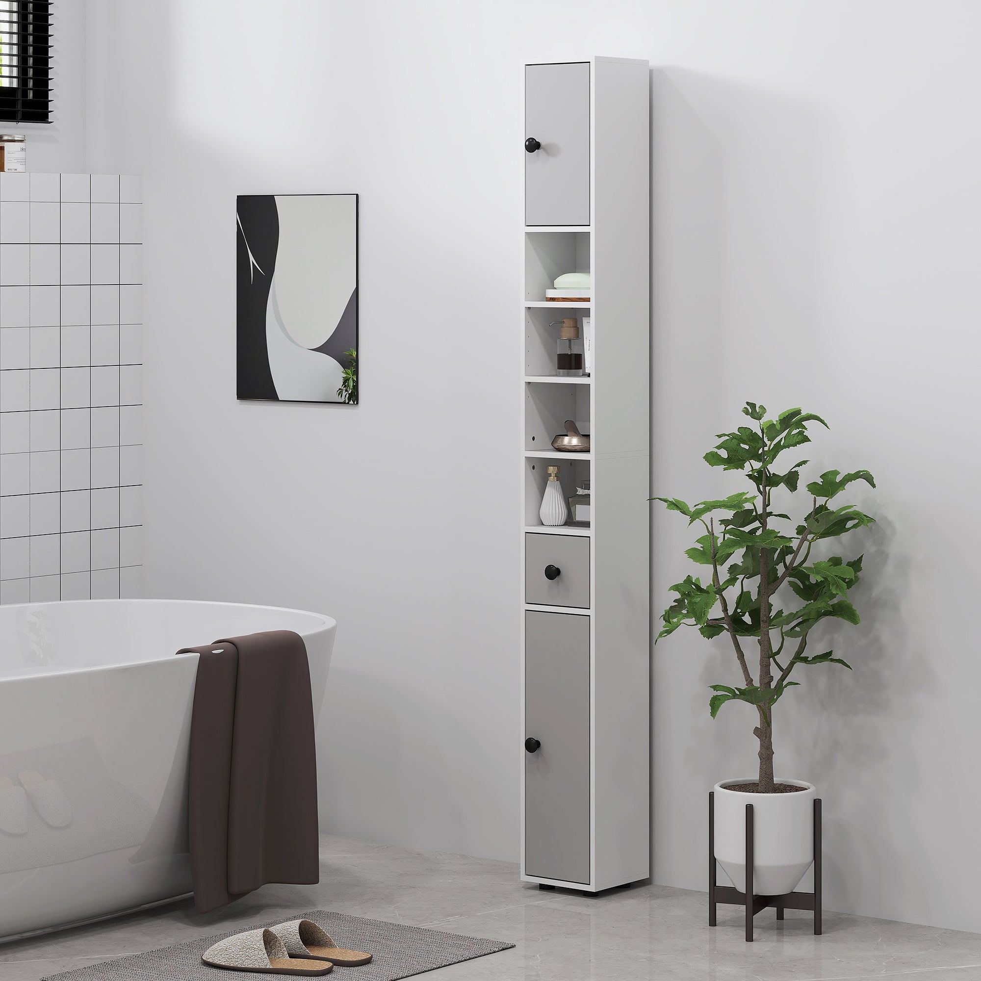 kleankin 180cm Slim Bathroom Cabinet, with Drawer, Shelves and Cupboards - Light Grey - North Peak Garden Furniture