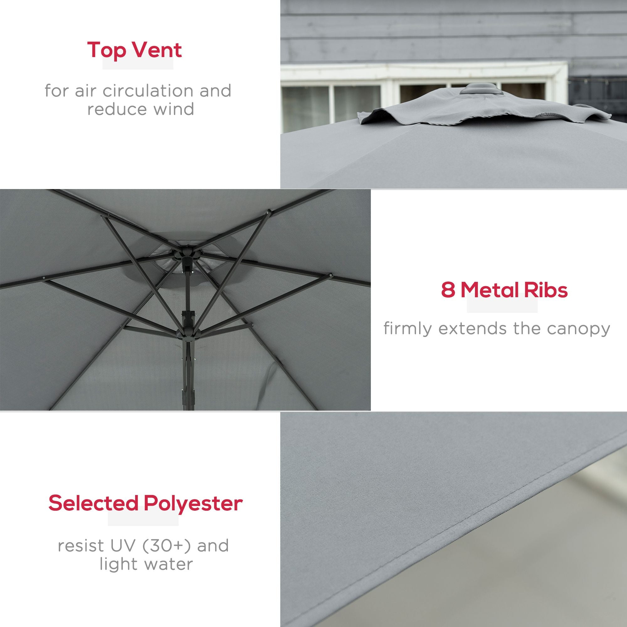Outsunny 3m Cantilever Parasol with Easy Lever, Patio Umbrella with Crank Handle, Cross Base and 6 Metal Ribs, Outdoor Sun Shades for Garden, Grey - North Peak Garden Furniture