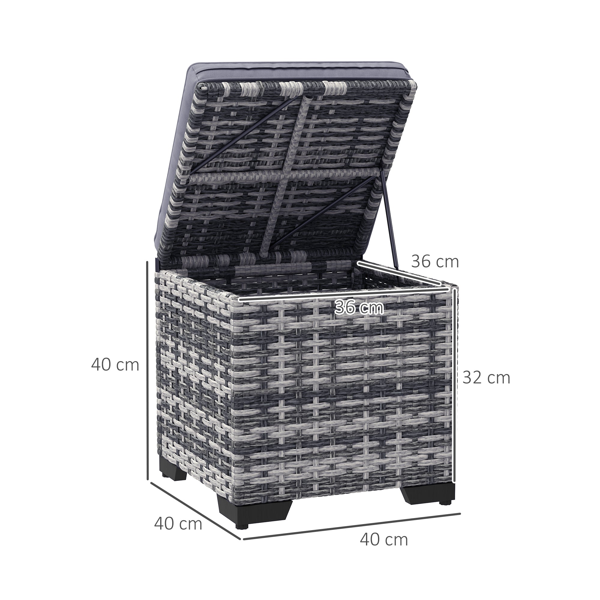 Outsunny Set of 2 Rattan Storage Ottoman, Outdoor Footstool with Removable Cushions, Garden Storage Seat for Balcony, Poolside, Living Room, Dark Grey - North Peak Garden Furniture