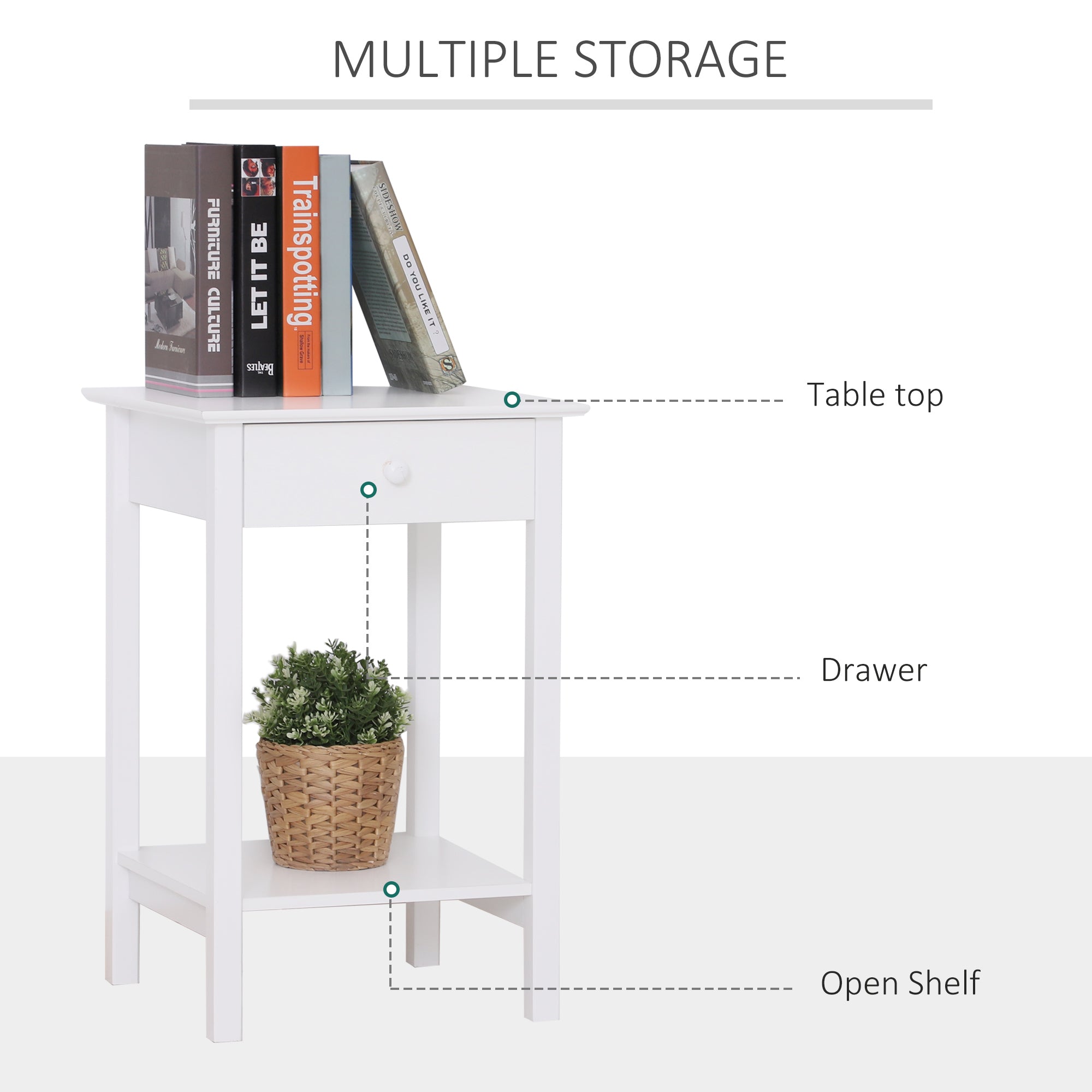 HOMCOM White Bedside Table, Wooden Side Table, Nightstand, Bedside Cabinet with Drawer and Storage Shelf for Bedroom and Living Room, Set of 2 - North Peak Garden Furniture
