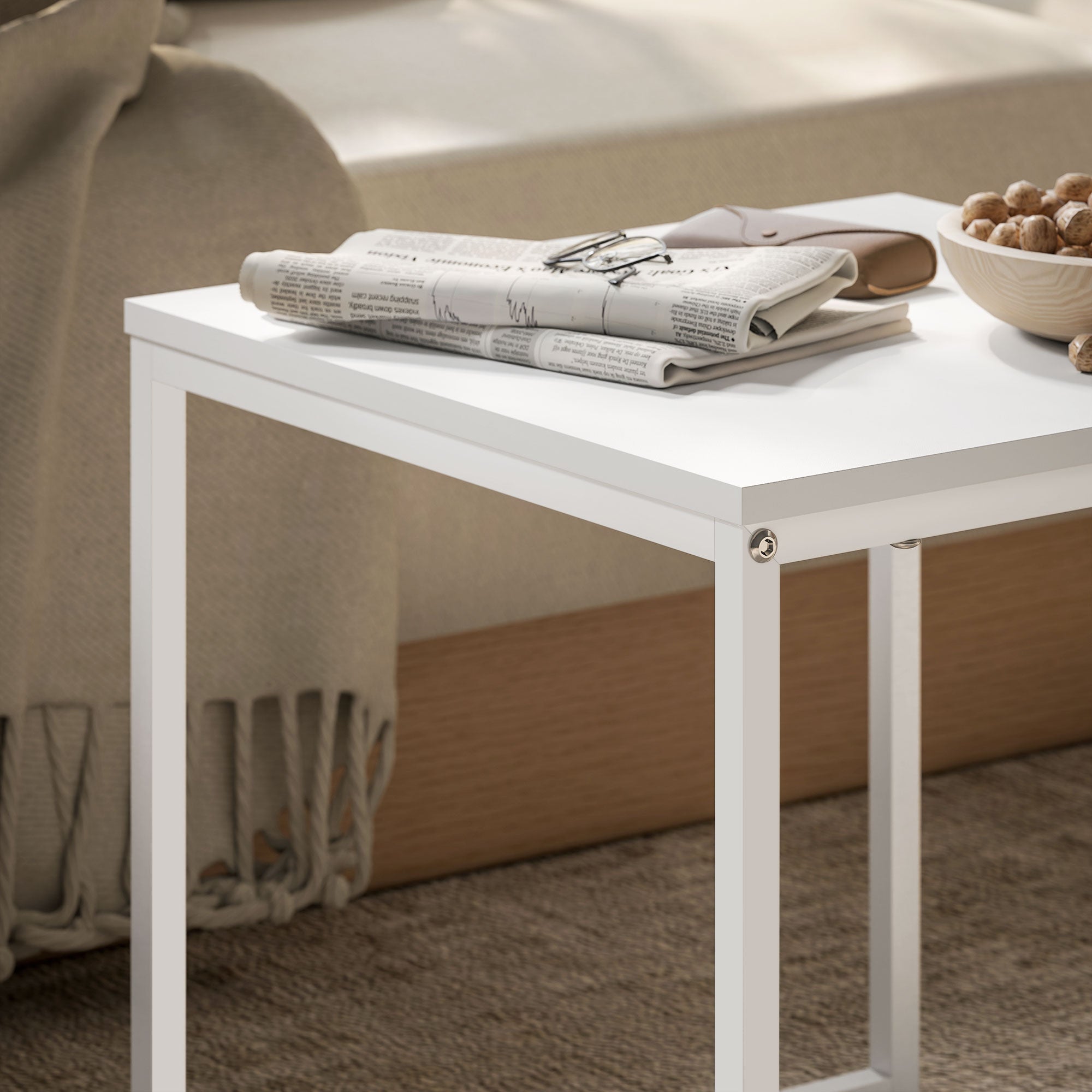 HOMCOM Set of Two Boxy Nesting Tables - White/Wood-Effect - North Peak Garden Furniture