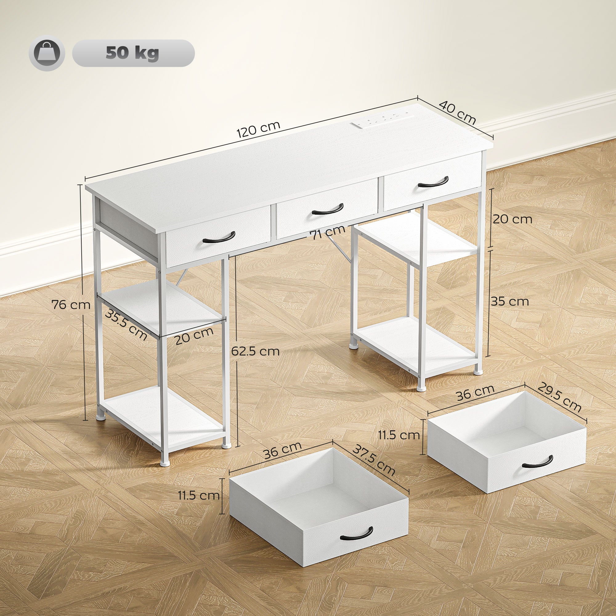 HOMCOM 120cm Computer Desk with Power Outlets, Office Desk Study Table with 3 Fabric Drawers and 4 Storage Shelves, White - North Peak Garden Furniture