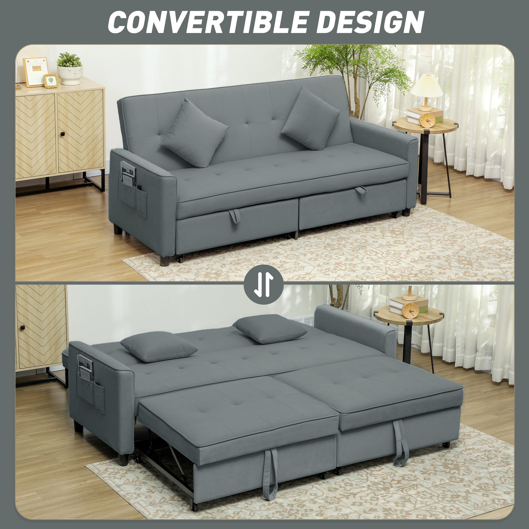 HOMCOM Three-Person Velvet-Feel Sofa Bed - Grey - North Peak Garden Furniture