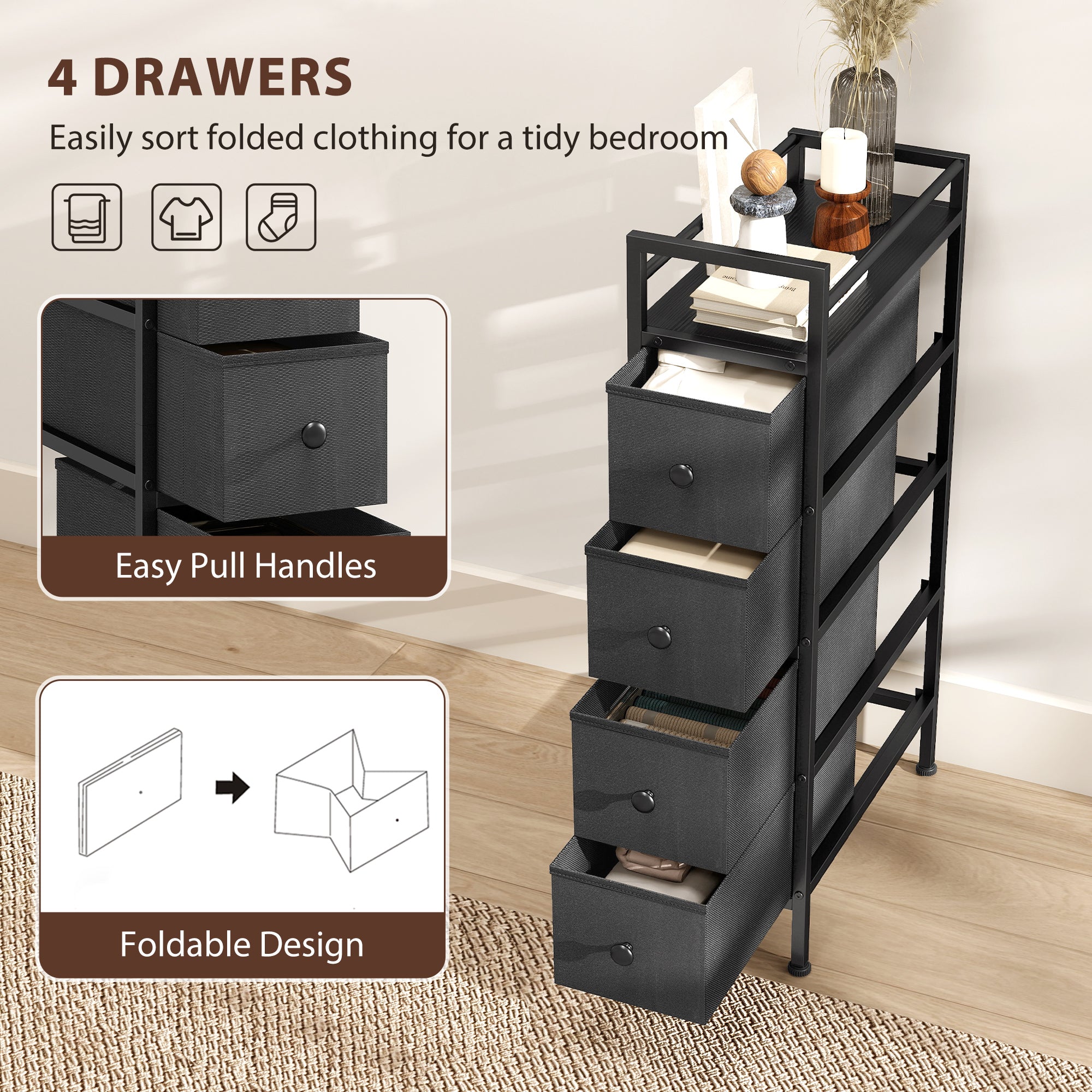 HOMCOM 4 Drawer Fabric Dresser Chest of Drawers, Slim Storage Cabinet with Steel Frame for Small Spaces, Bedroom, Black