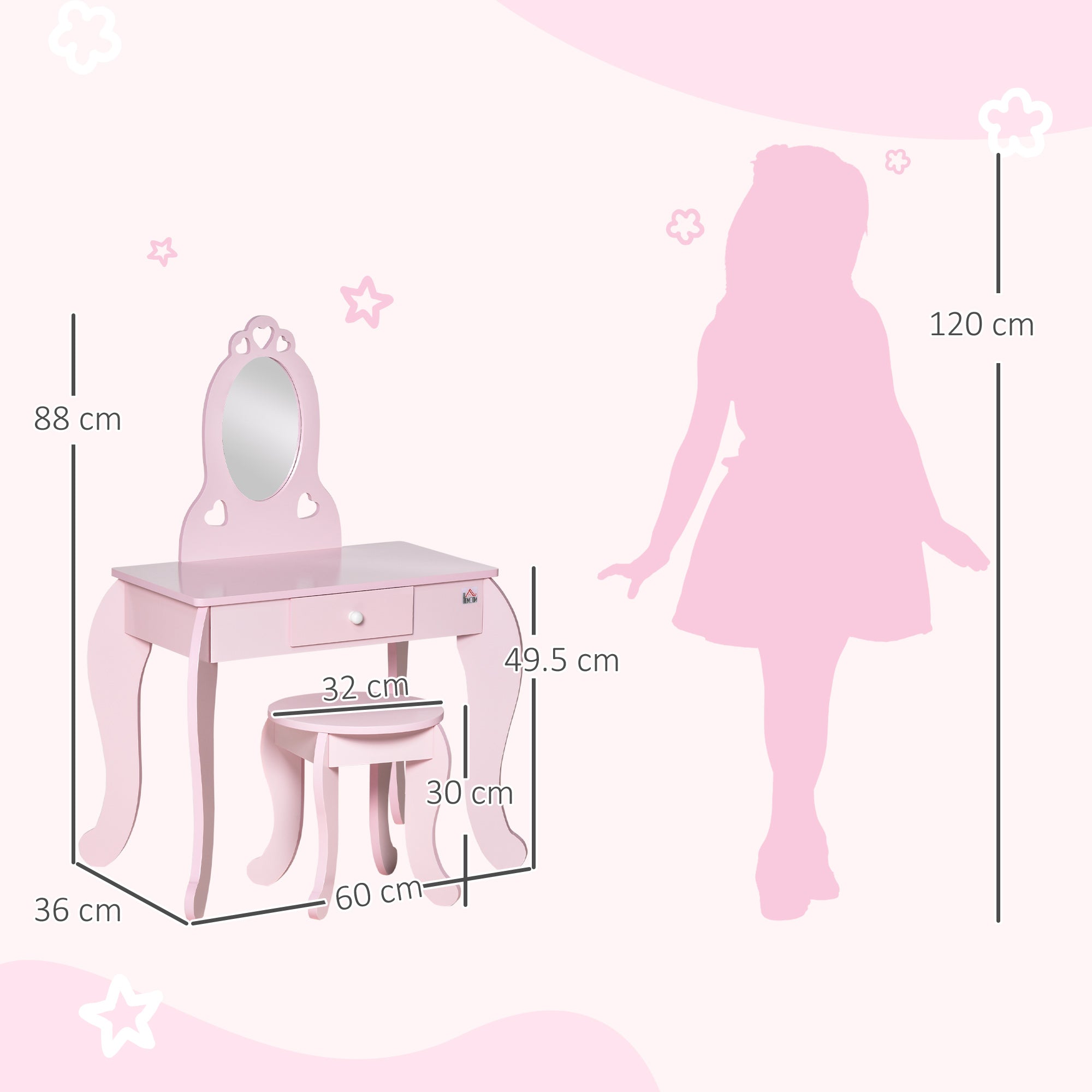HOMCOM Kids Vanity Table & Stool Girls Dressing Set Make Up Desk Chair Dresser Play Set with Mirror Pink - North Peak Garden Furniture