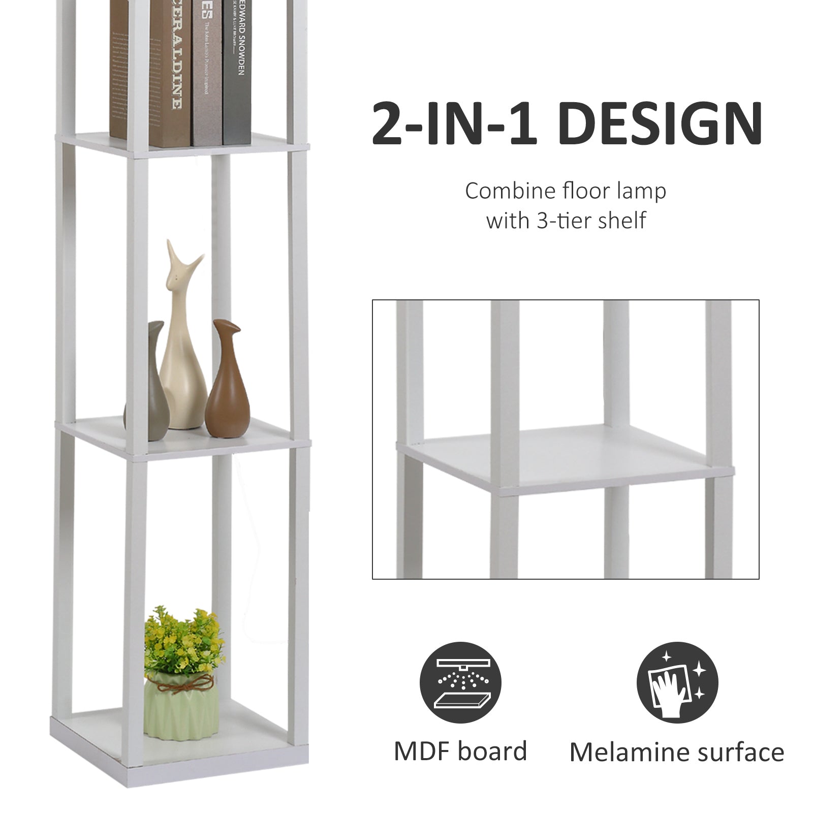 HOMCOM 3-Tier Floor Lamp, Floor Light with Storage Shelf, Reading Standing Lamp for Living Room, Bedroom, Kitchen, Dining Room, Office, Dorm, 160cm, White - North Peak Garden Furniture