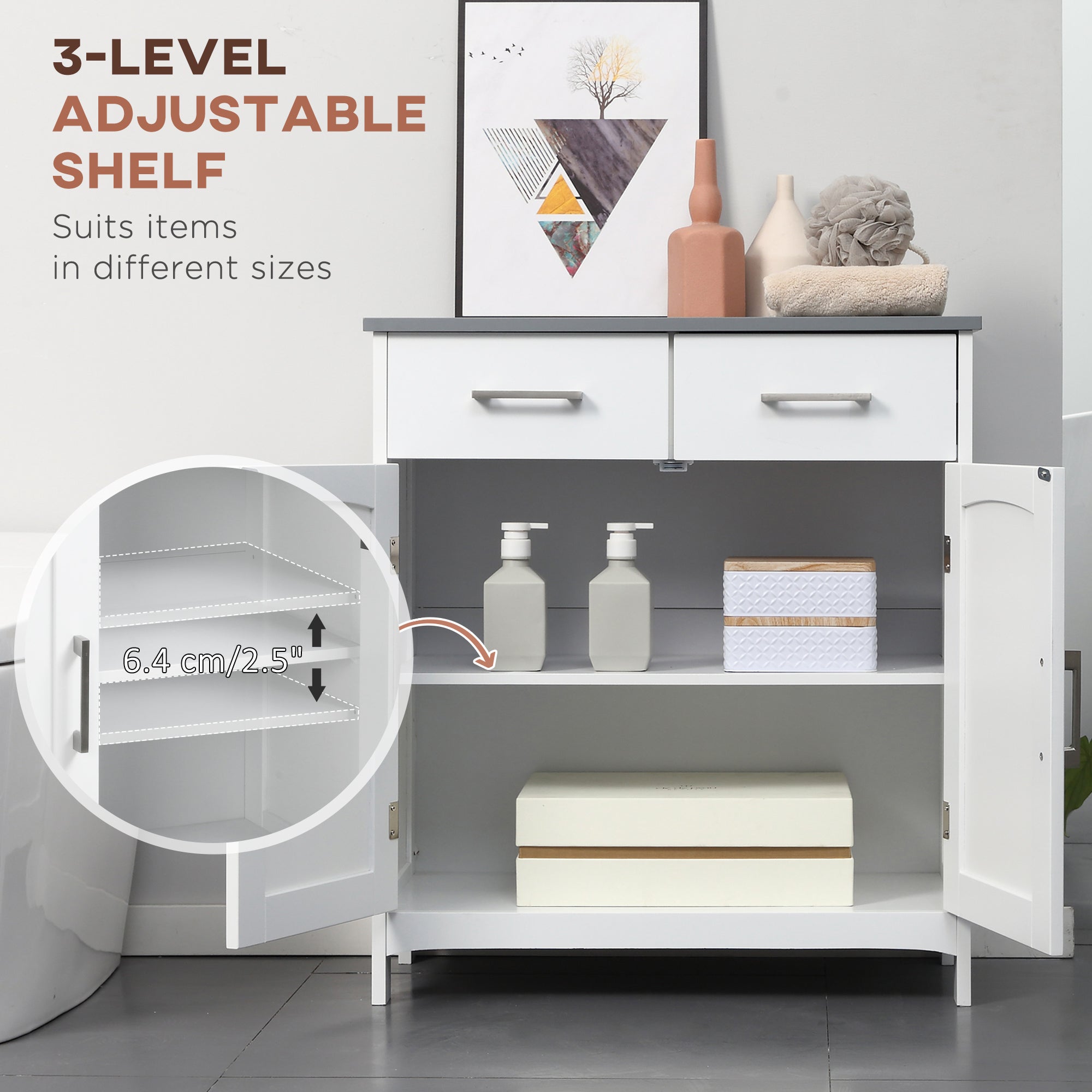 kleankin Freestanding Bathroom Cabinet, Storage Cupboard with 2 Drawers, Double Doors, Adjustable Shelf, White - North Peak Garden Furniture