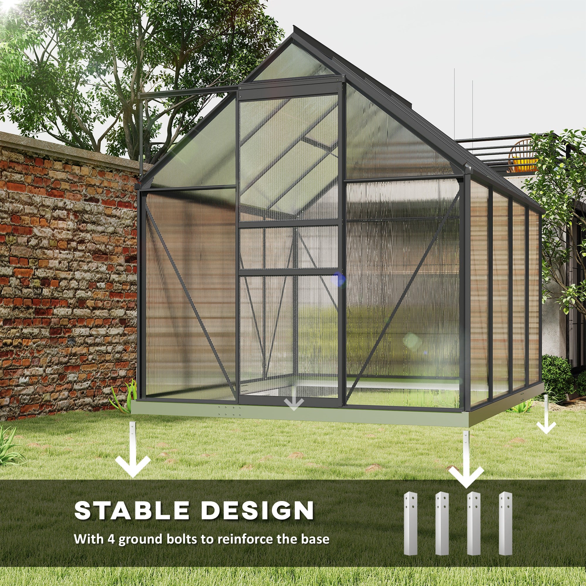 Outsunny 190 x 253 cm Walk-In Polycarbonate Greenhouse - Dark Grey