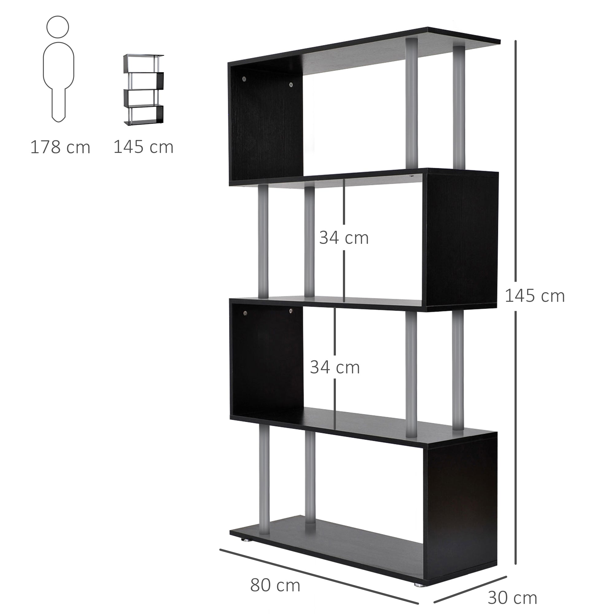 HOMCOM S Shape Bookcase, 5 Tiers Bookshelf, Modern Freestanding Storage Shelf for Home Office, Study, Living Room, 80 x 30 x 145cm Black