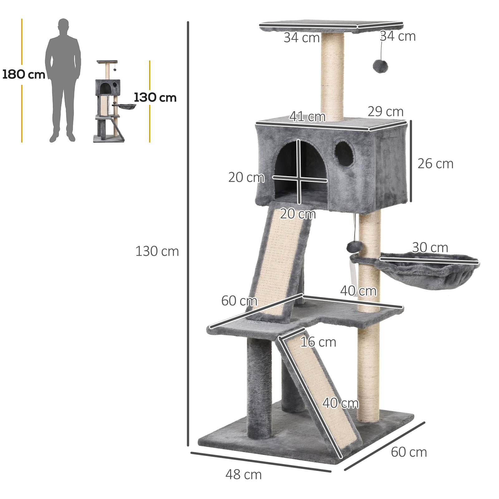 PawHut Cat Tree Tower, 51" Activity Centre with Condo, Scratching Posts, Ladders, Toys, Ideal for Climbing, Relaxing & Playing