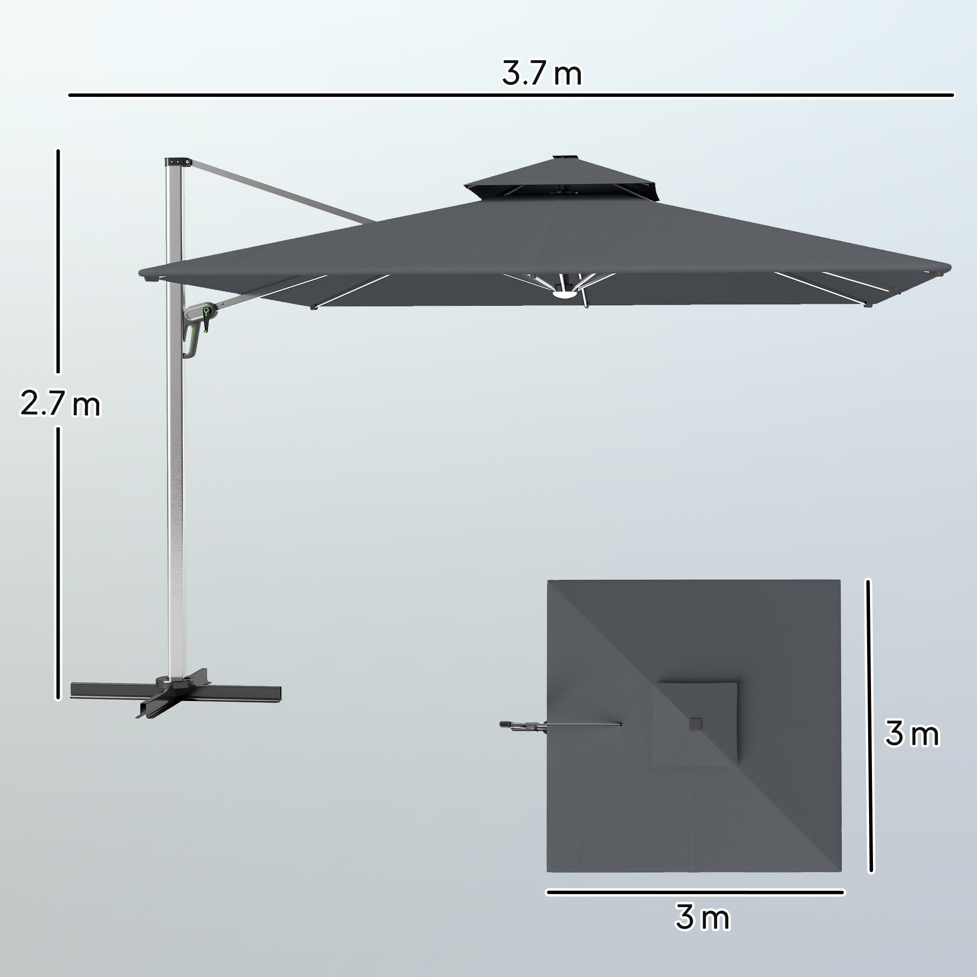 Outsunny 3(m) Garden Cantilever Parasol with Solar LED Lights, Cross Base, 360° Rotation, Crank Handle and Tilt, Grey - North Peak Garden Furniture