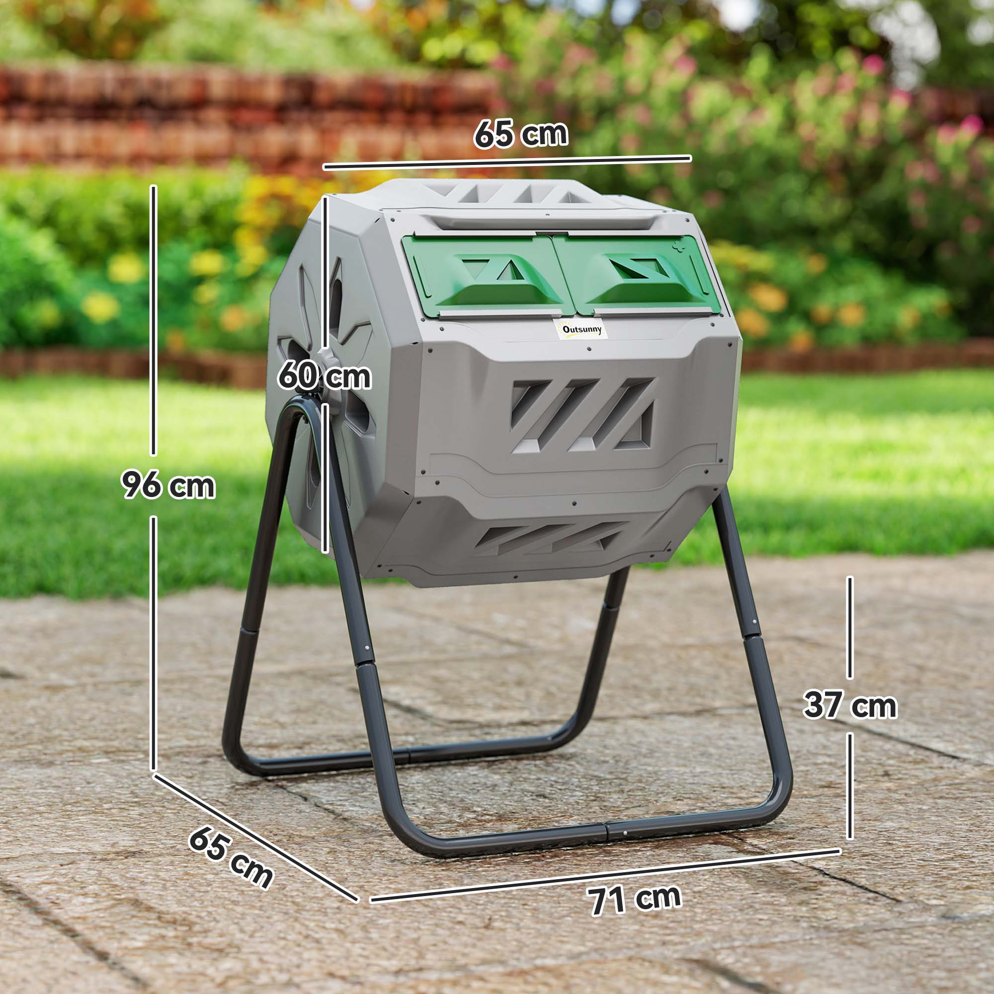 Outsunny 160L Tumbling Compost Bin Outdoor Dual Chamber 360° Rotating Composter, Garden Compost Bin w/ Sliding Doors & Solid Steel Frame, Grey