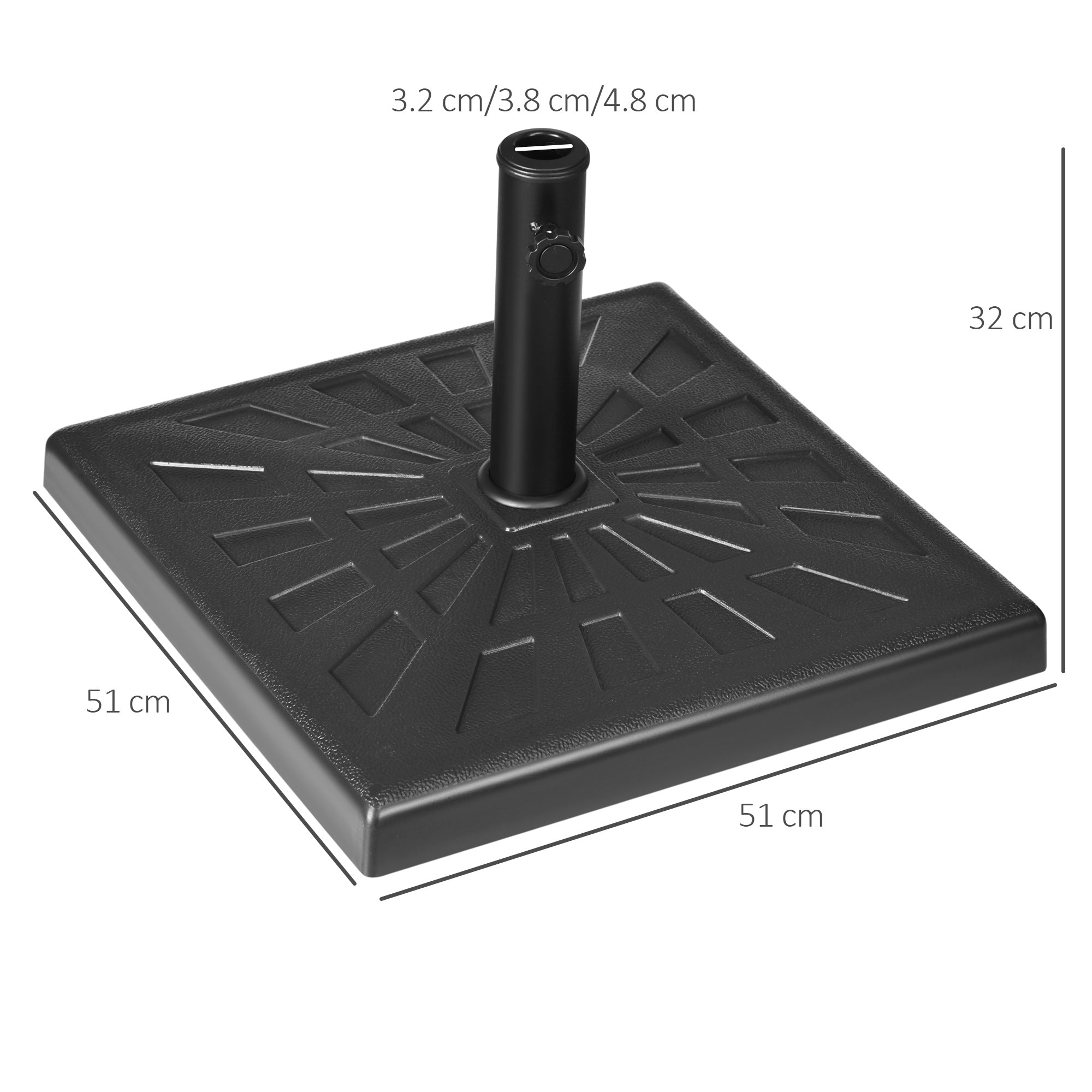 Outsunny 19kg Resin Garden Parasol Base Holder, Square Outdoor Market Umbrella Stand Weight for Poles of Φ32mm, Φ38mm, and Φ48mm, Black - North Peak Garden Furniture