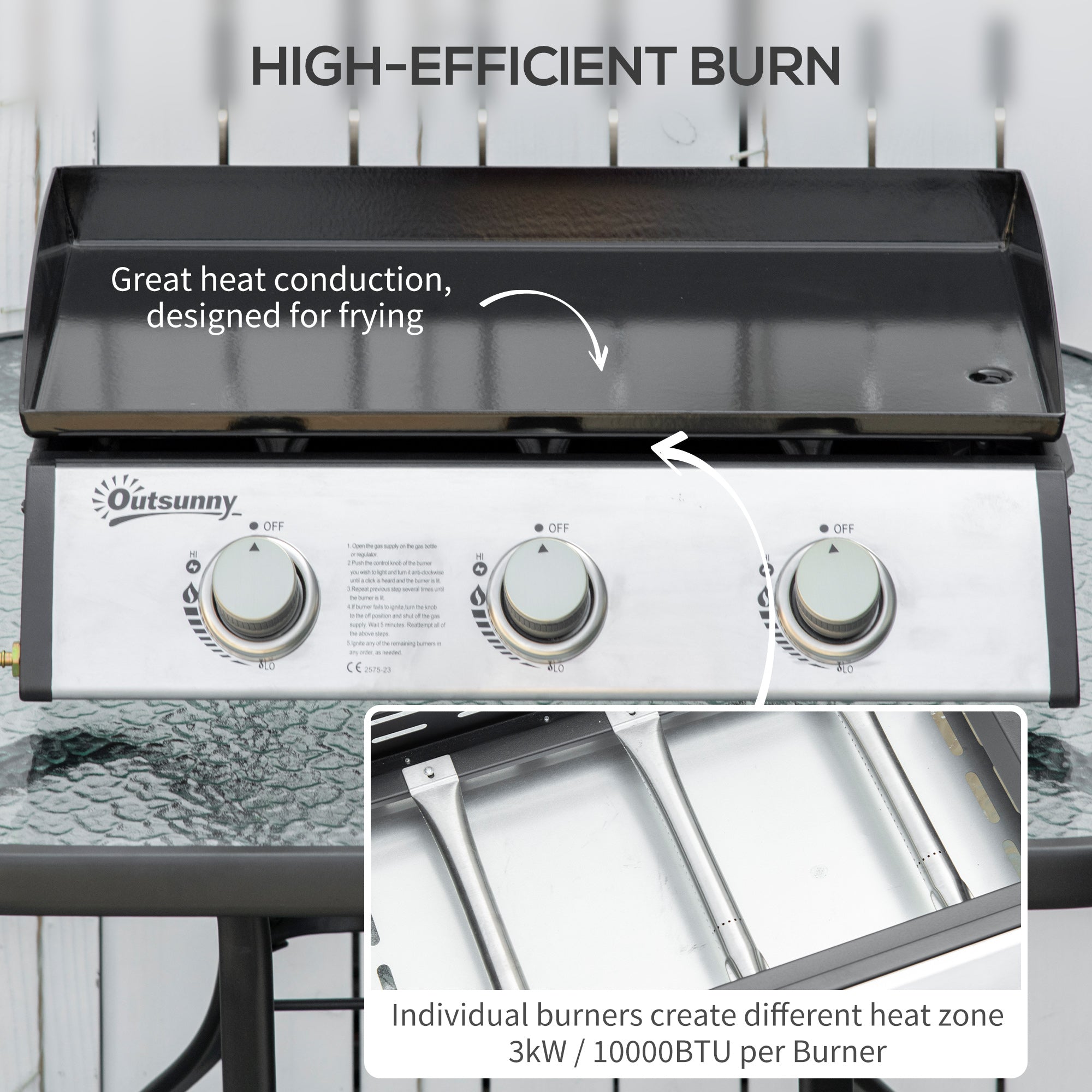 Outsunny Gas Plancha Grill with 3 Stainless Steel Burner, 9kW, Portable Tabletop Gas BBQ with Non-Stick Griddle for Camping Picnic Garden Party Festival - North Peak Garden Furniture