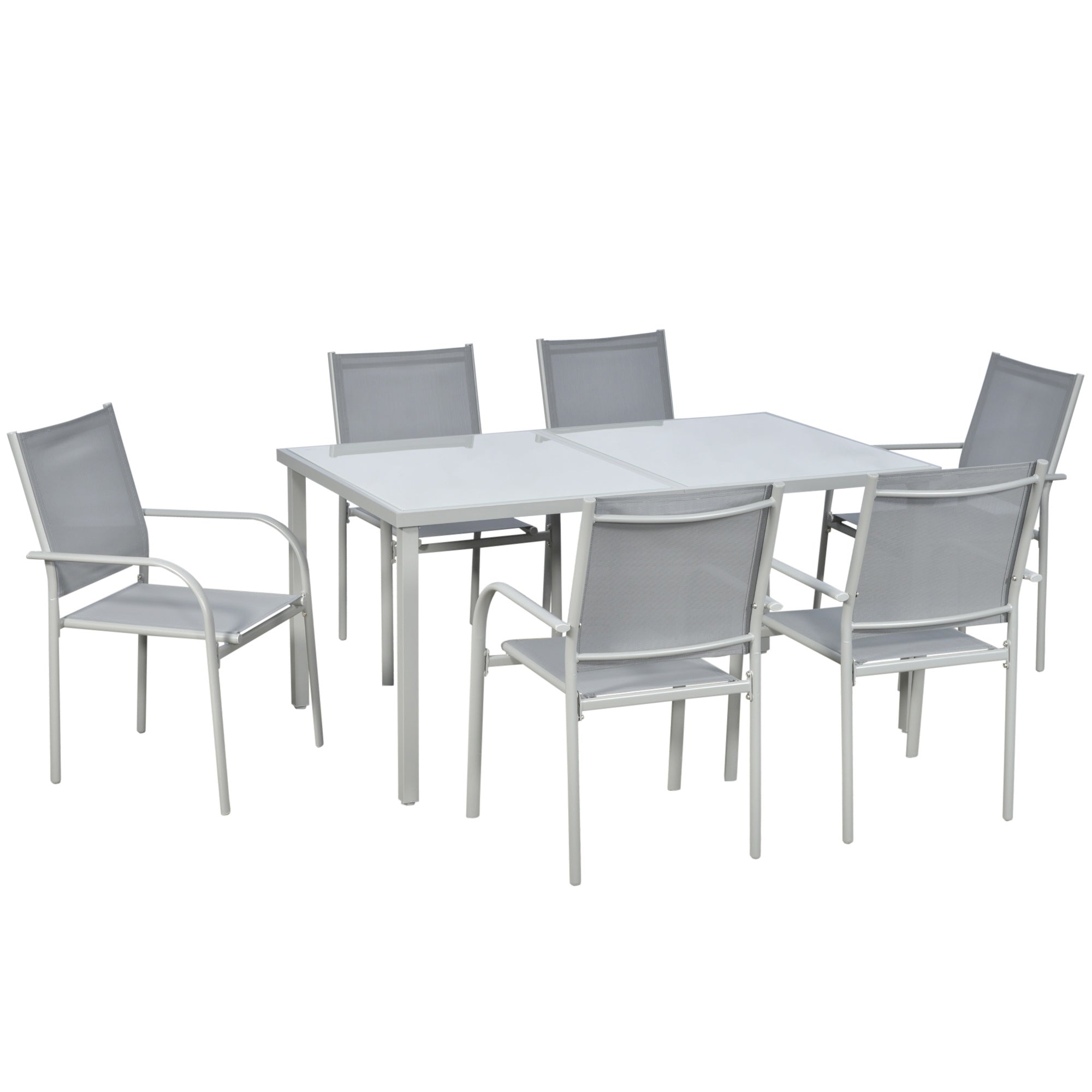 Outsunny 7 Piece Garden Dining Set, Outdoor Table and 6 Stackable Chairs, Steel Frame, Tempered Glass Top Table, Mesh Seats, Grey - North Peak Garden Furniture
