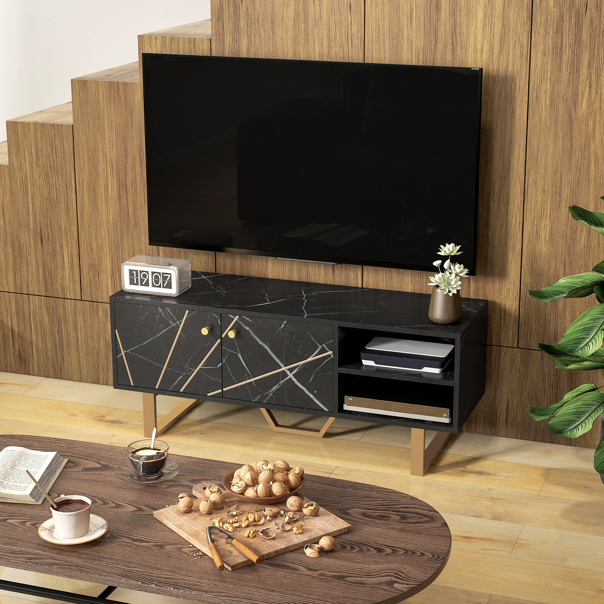 HOMCOM TV Stand Cabinet for TVs up to 50 Inches, TV Unit with Storage Shelves and Cupboard for Living Room, Black Marble Tone - North Peak Garden Furniture