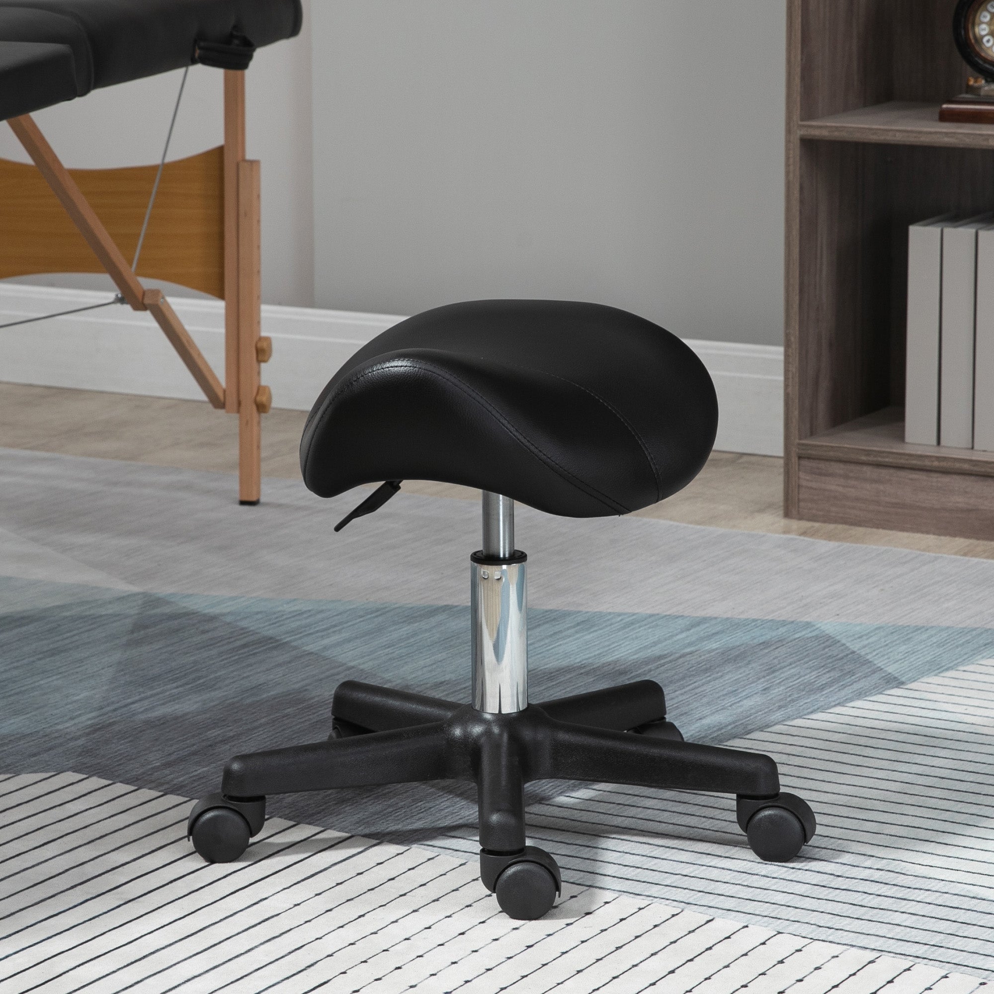 HOMCOM Saddle Stool, PU Leather Adjustable Rolling Salon Chair with Steel Frame for Massage, Spa, Beauty and Tattoo, Black - North Peak Garden Furniture