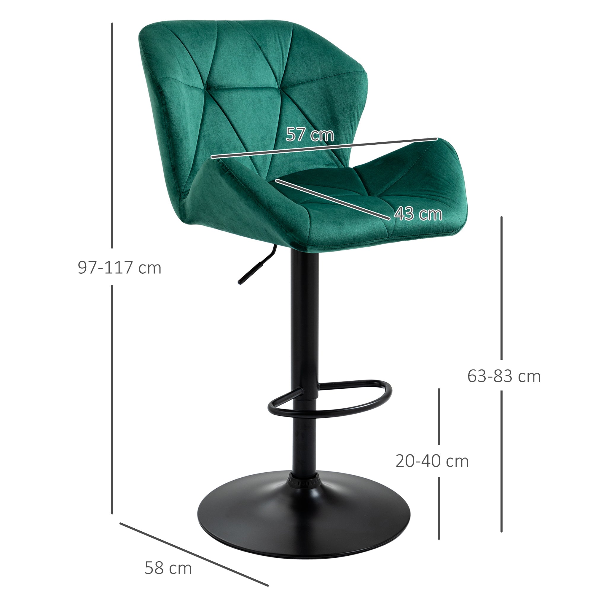 HOMCOM Bar Stools Set Of 2, Luxurious Velvet-Touch Barstools with Metal Frame Footrest Round Base Triangle Indenting Moulded Seat Adjustable Height Swivel Green