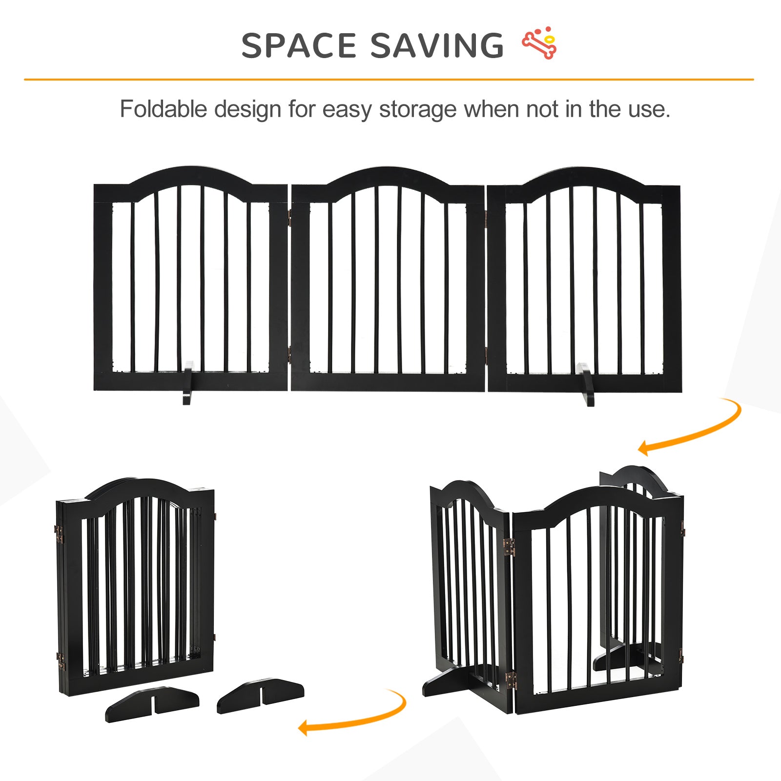 PawHut Freestanding Pet Gate Wooden Dog Gate with Support Feet Foldable Pet Fence Safety Barrier for the House Doorway Stairs Black - North Peak Garden Furniture