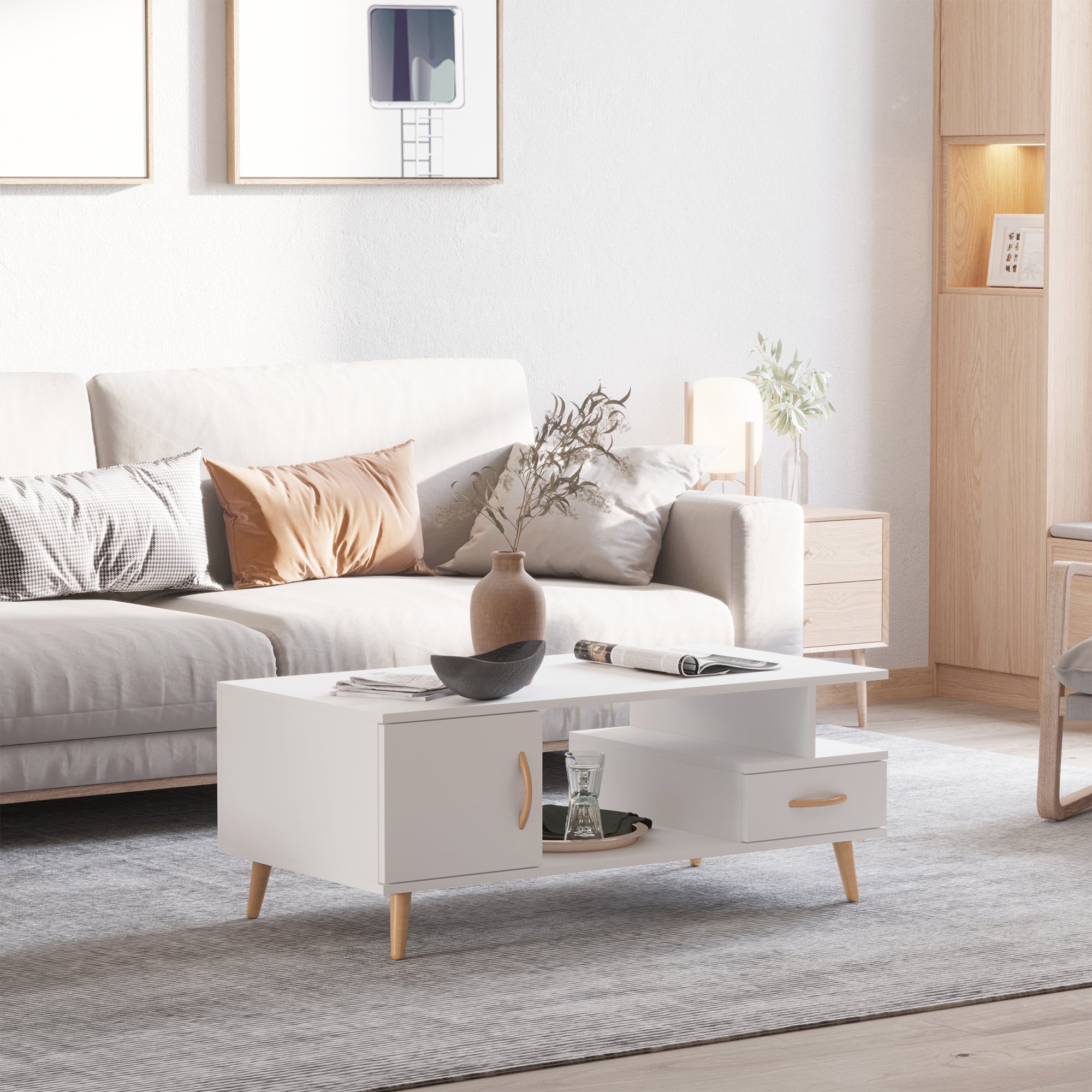 HOMCOM Modern Minimalism Coffee Table with Storage, Sofa Side Table with Shelf & Drawer for Living Room Reception Room, White - North Peak Garden Furniture
