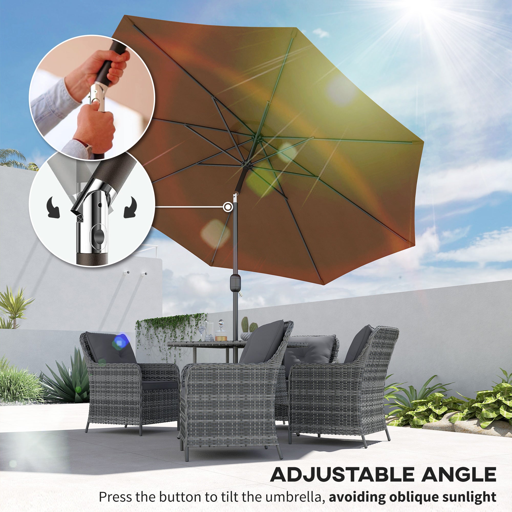Outsunny 3(m) Tilting Parasol Garden Umbrellas, Outdoor Sun Shade with 8 Ribs, Tilt and Crank Handle for Balcony, Bench, Garden, Coffee