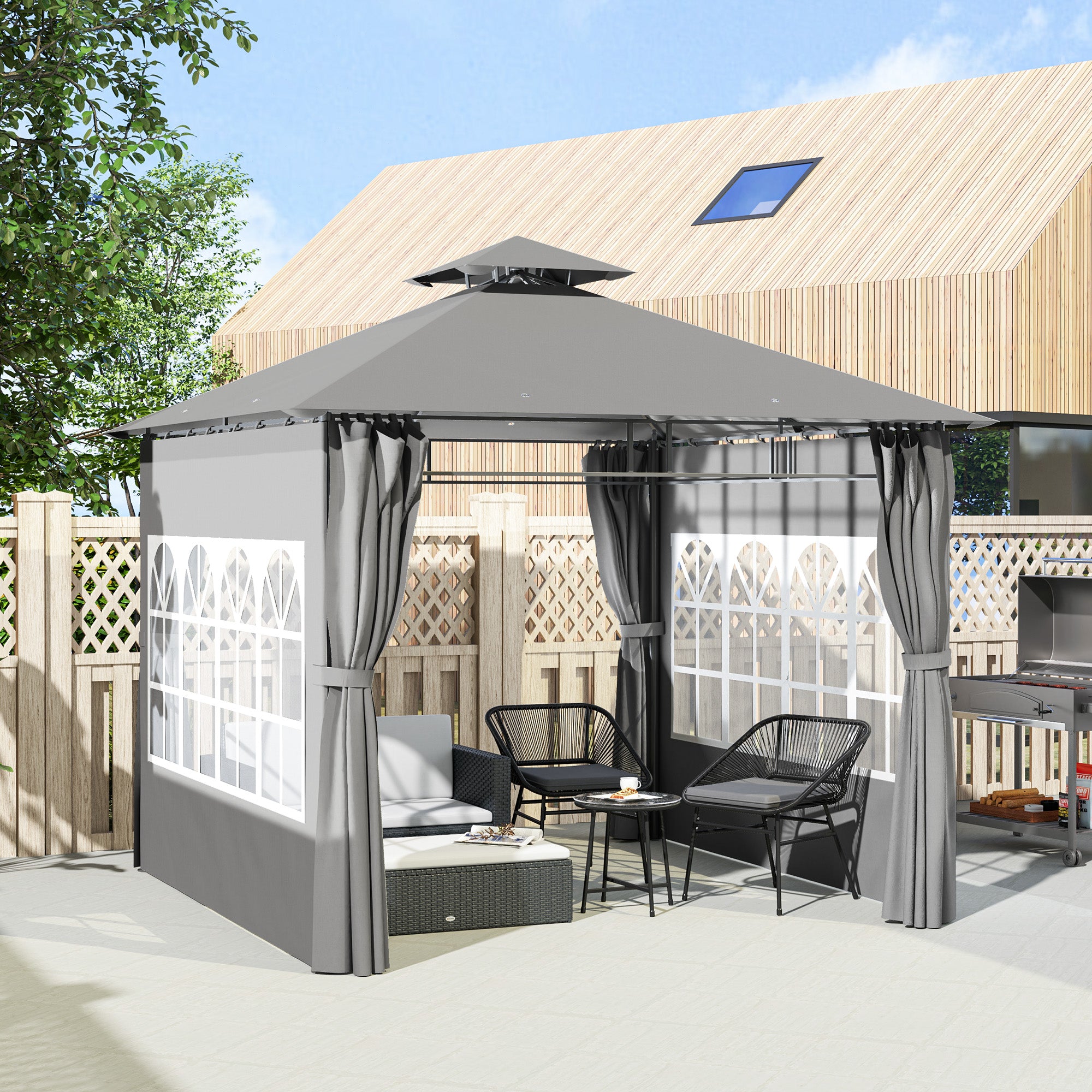 Outsunny 3 x 3 m Garden Gazebo, Double Roof Metal Gazebo with Removable Sidewalls and Church Windows, Outdoor Canopy Shelter, Light Grey - North Peak Garden Furniture