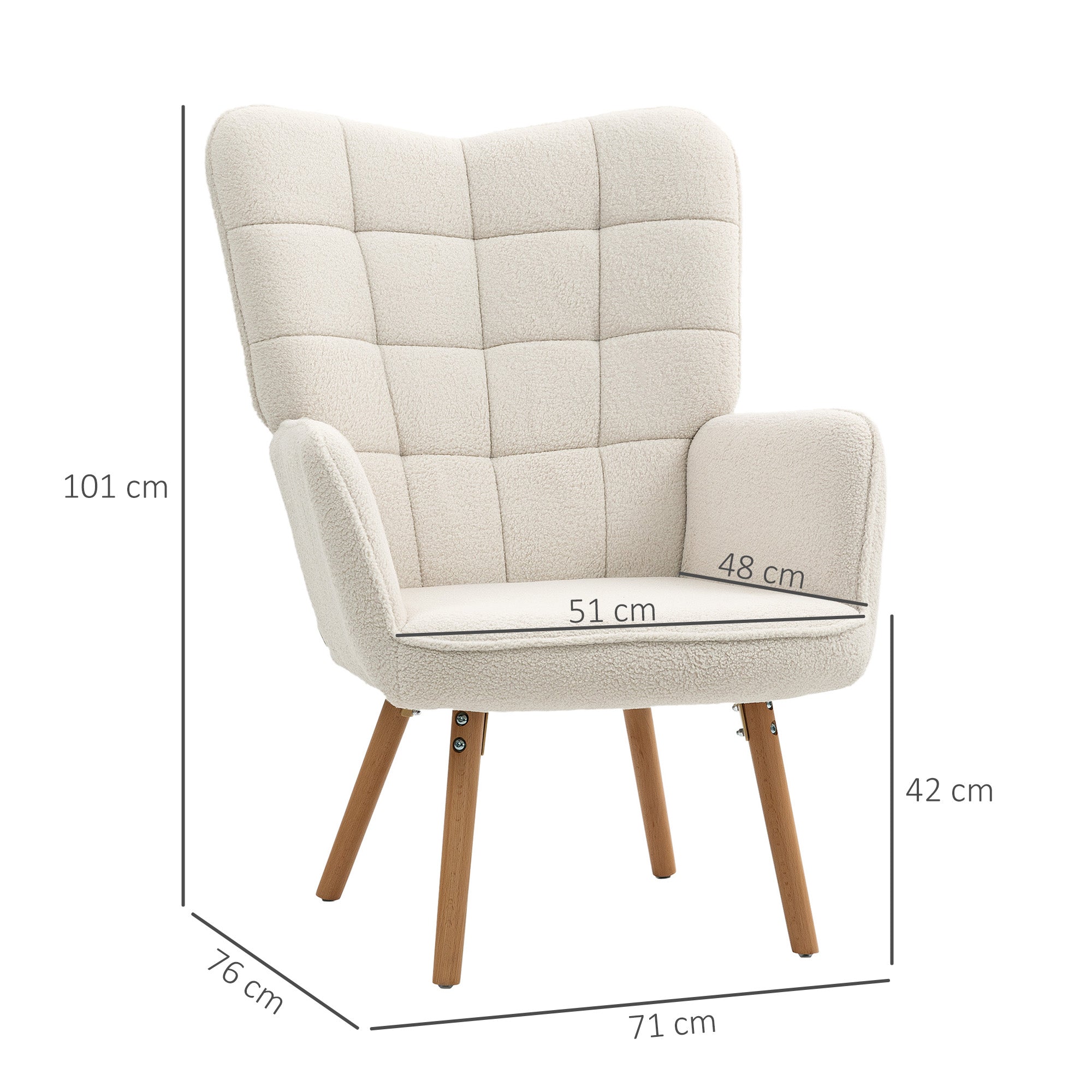 HOMCOM Modern Accent Chair, Upholstered Tufted Wingback Armchair with Seat Padding, Teddy Fleece Leisure Lounge Bedroom Chair with Wood Legs, Cream White - North Peak Garden Furniture