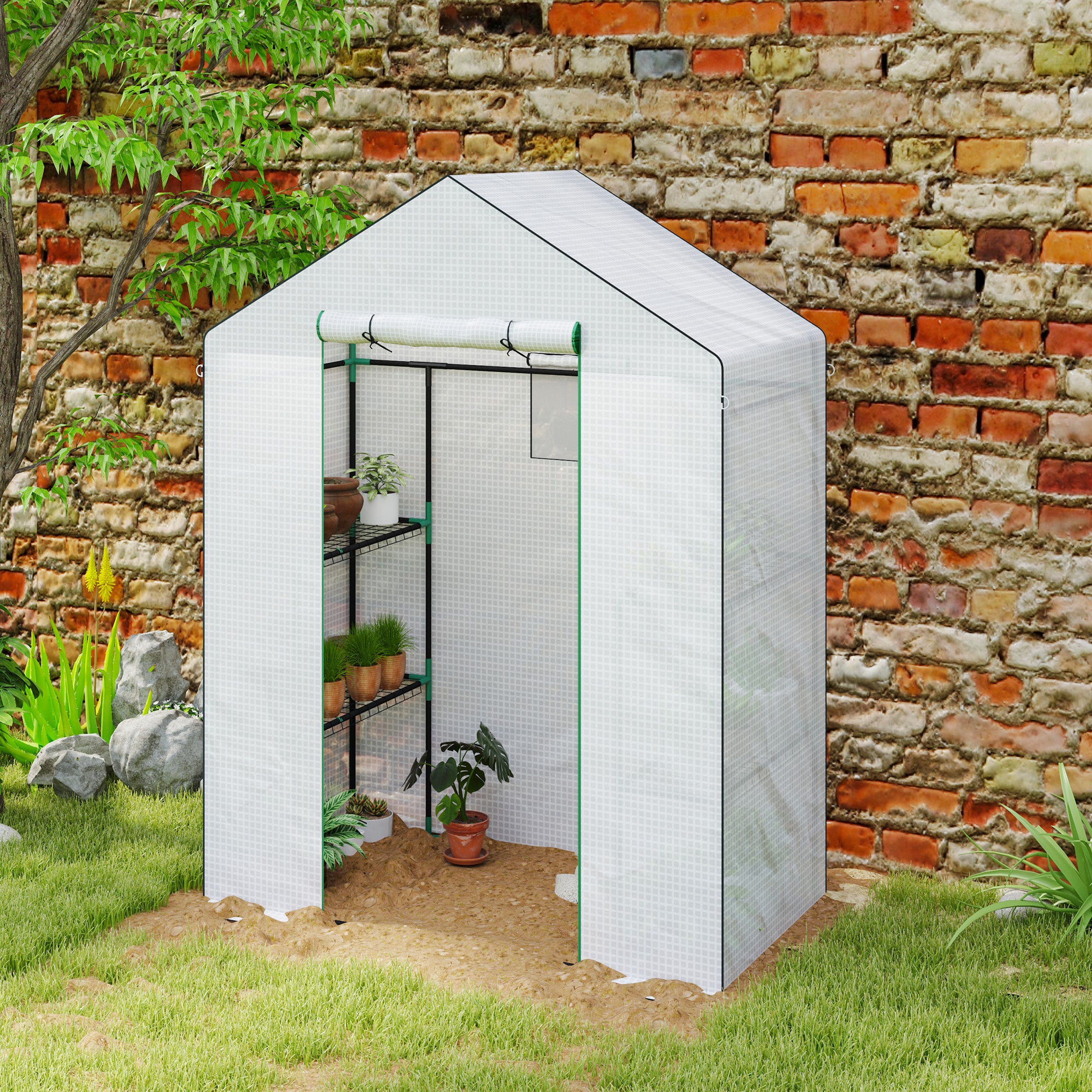 Outsunny Walk-in Greenhouse with 3 Tier 4 Shelves, Small Greenhouse with Reinforced PE Cover, Garden Plant Growhouse with Roll-up Door and Three Mesh Windows, 143 x 74 x 190 cm, White