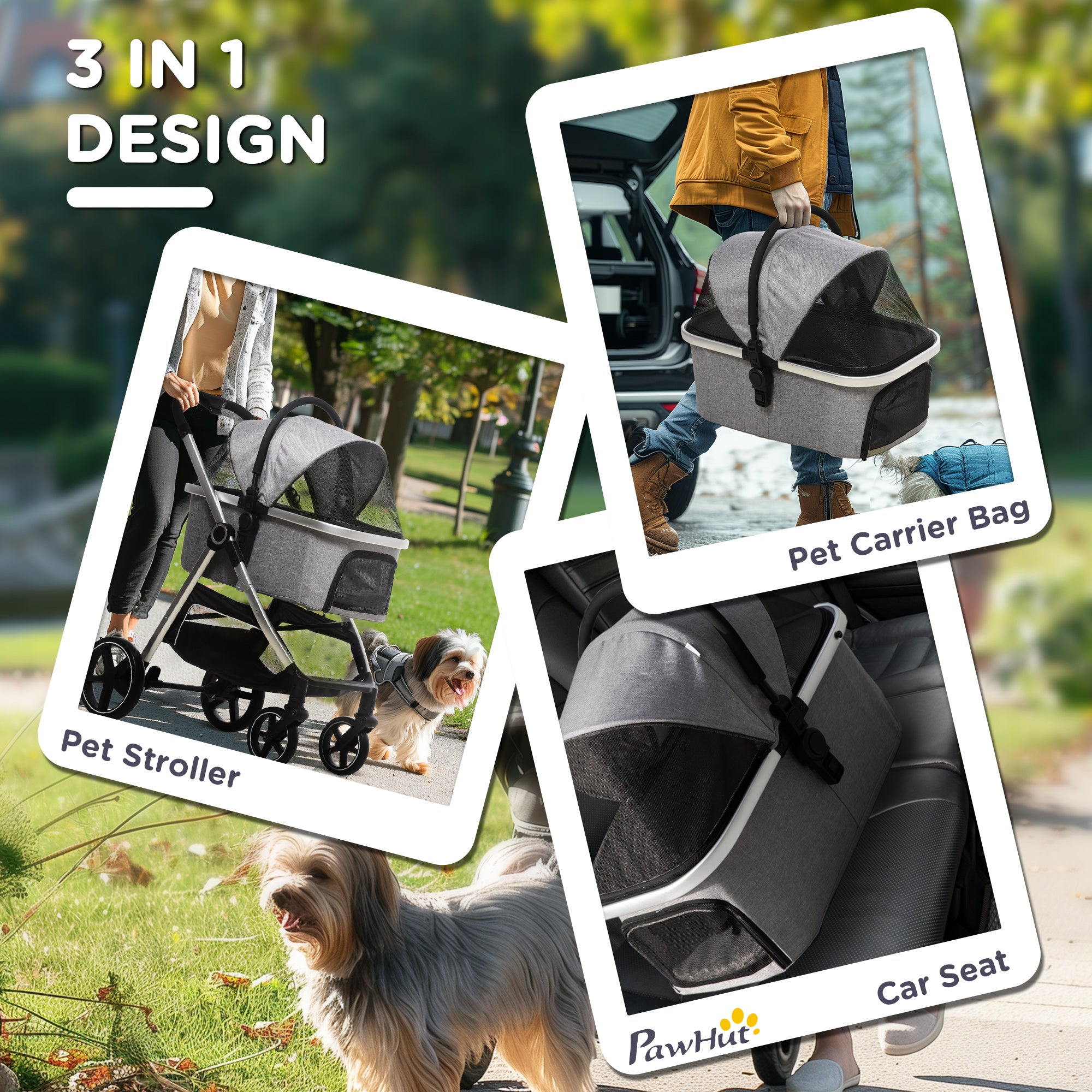 PawHut 3 in 1 One-Click Foldable Pet Stroller, Detachable Dog Cat Travel Pushchair, Car Seat w/ EVA Wheels, Basket, Adjustable Canopy, Safety Leash, Cushion, for Small Pets - Grey