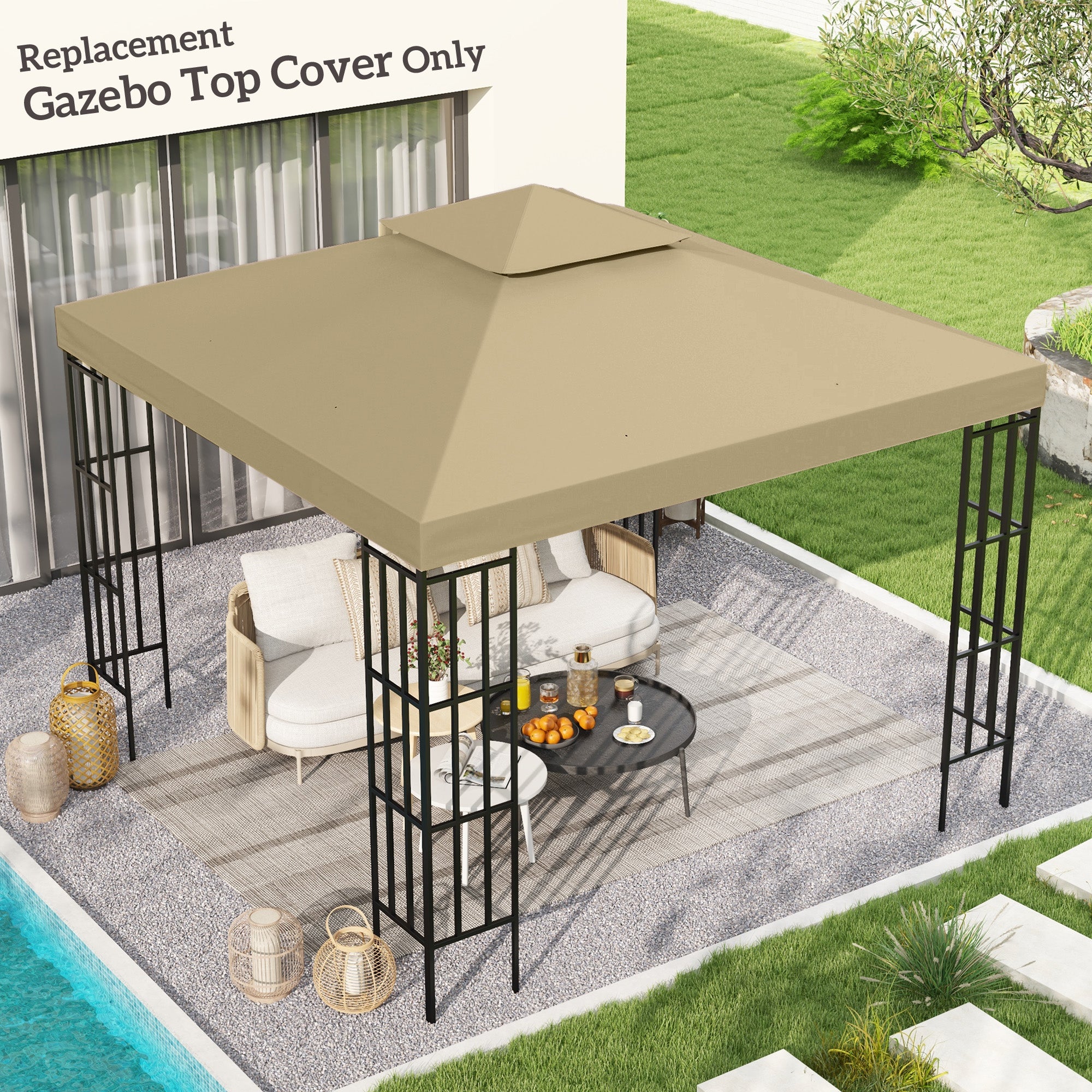 Outsunny 3(m) Gazebo Top Cover Double Tier Canopy Replacement Pavilion Roof Deep Beige - North Peak Garden Furniture
