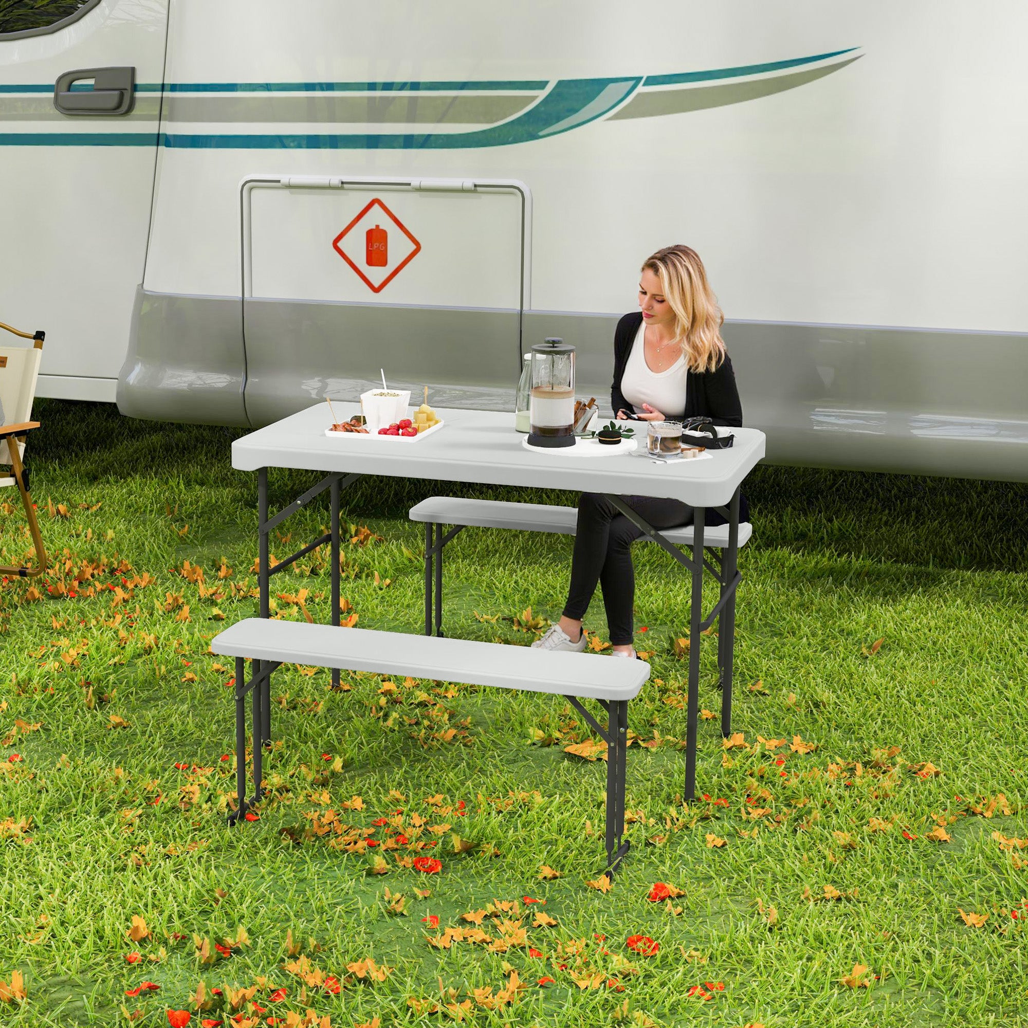 Outsunny 3 Piece 4ft Folding Picnic Table and Bench Set, Portable HDPE Camping Table and Chairs with Carrying Handle for Indoor Outdoor, Dining, Camping, Picnic, BBQ, Party, Light Grey - North Peak Garden Furniture