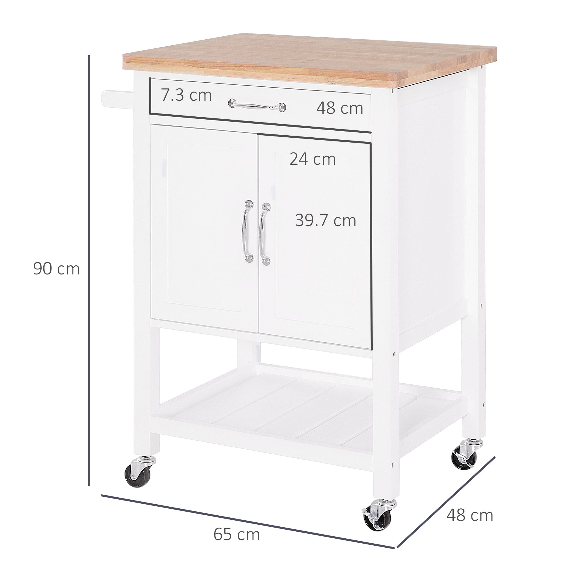 HOMCOM Kitchen Storage Trolley Cart Rolling Wheels Shelves Cupboard W/ Drawer And Towel Rail Rubber Wood Worktop White