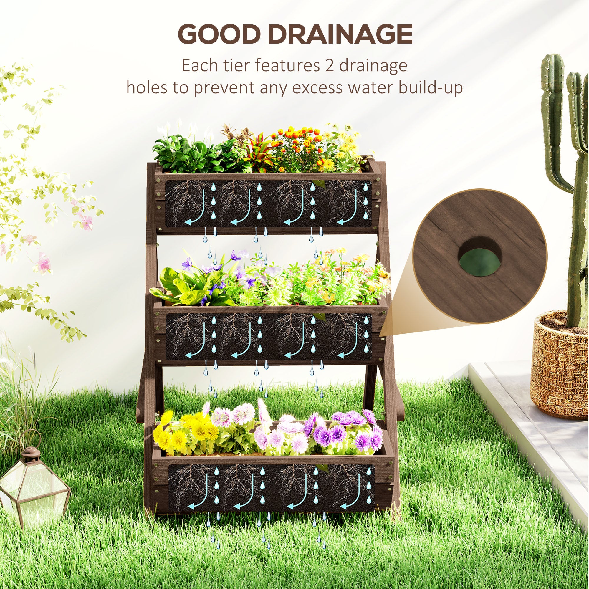 Outsunny 3 Tier Raised Garden Bed Wooden Elevated Planter Box Kit, 66L for Flower, Vegetable, Herb, 65x75x78cm, Tan - North Peak Garden Furniture
