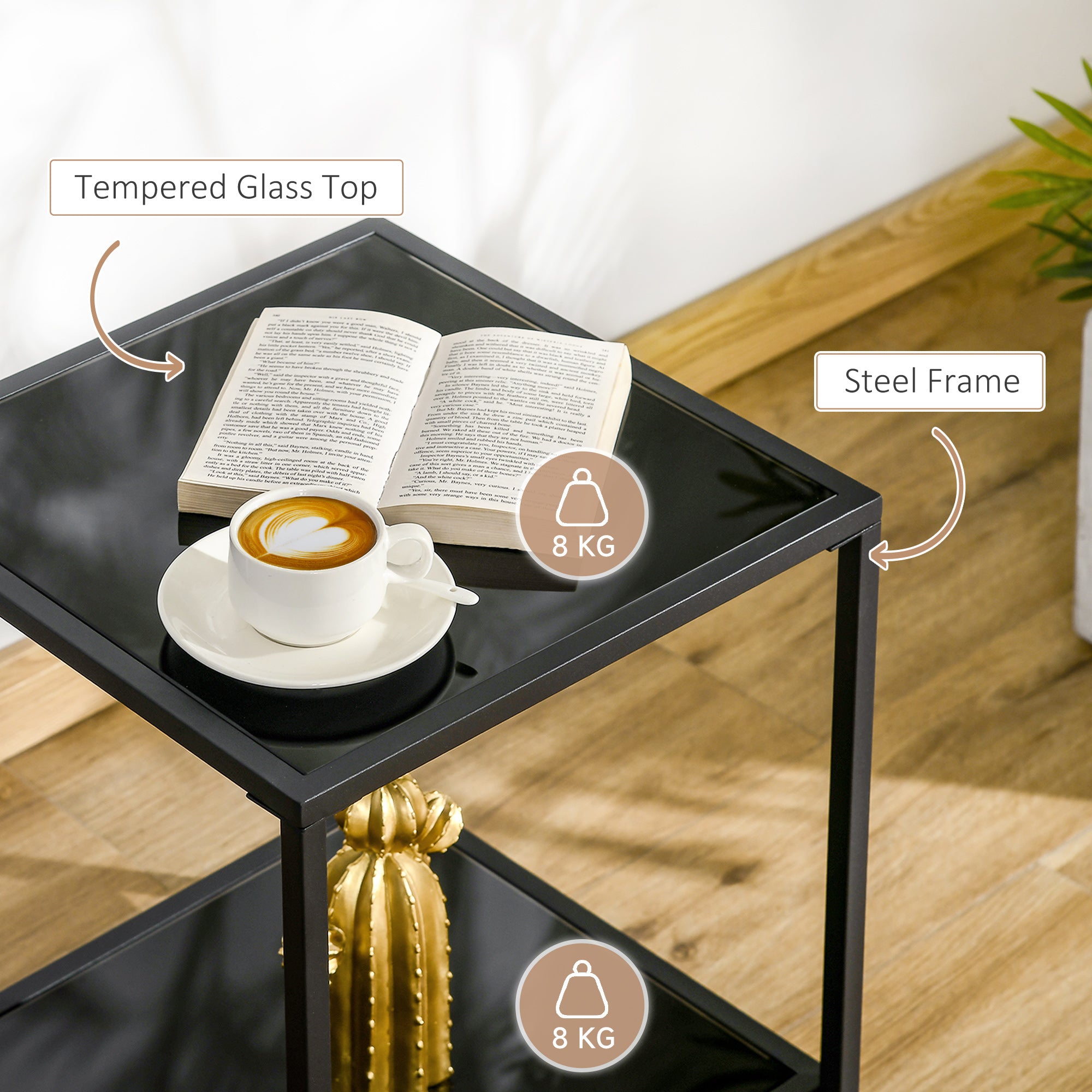 HOMCOM Side Table with Tempered Glass Top, End Table with 2-Tier Storage, Classic Accent Table with Steel Frame, Black - North Peak Garden Furniture