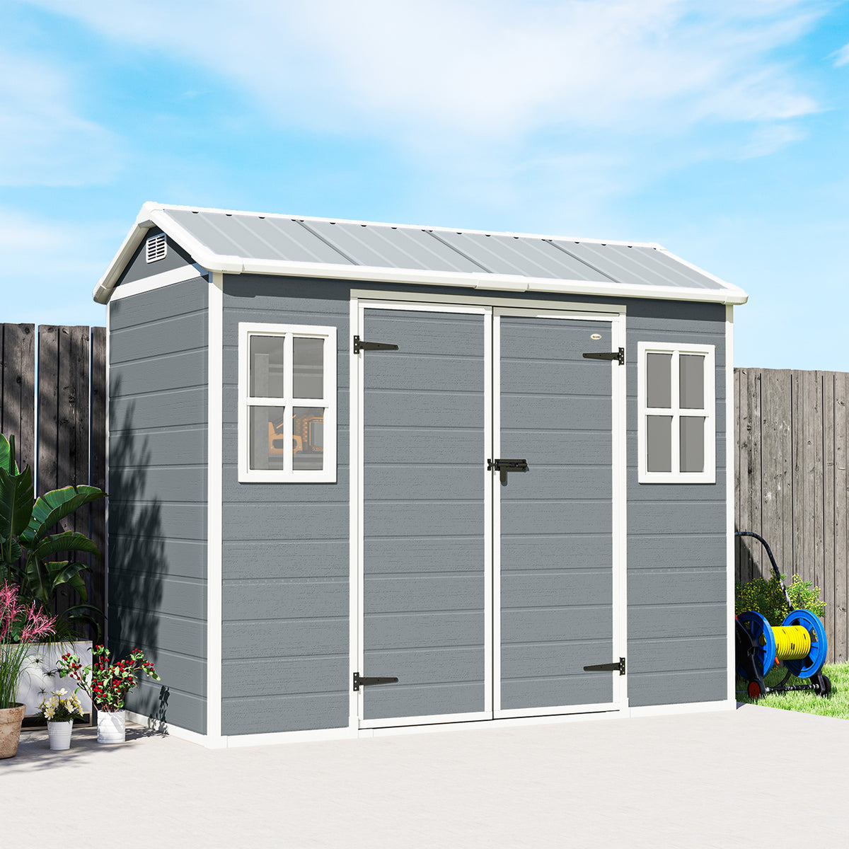 Outsunny 8 x 4 ft Plastic Garden Shed, Wood-Effect Outdoor Storage Shed with Floor, Windows, Lockable Doors and Vents, Light Grey