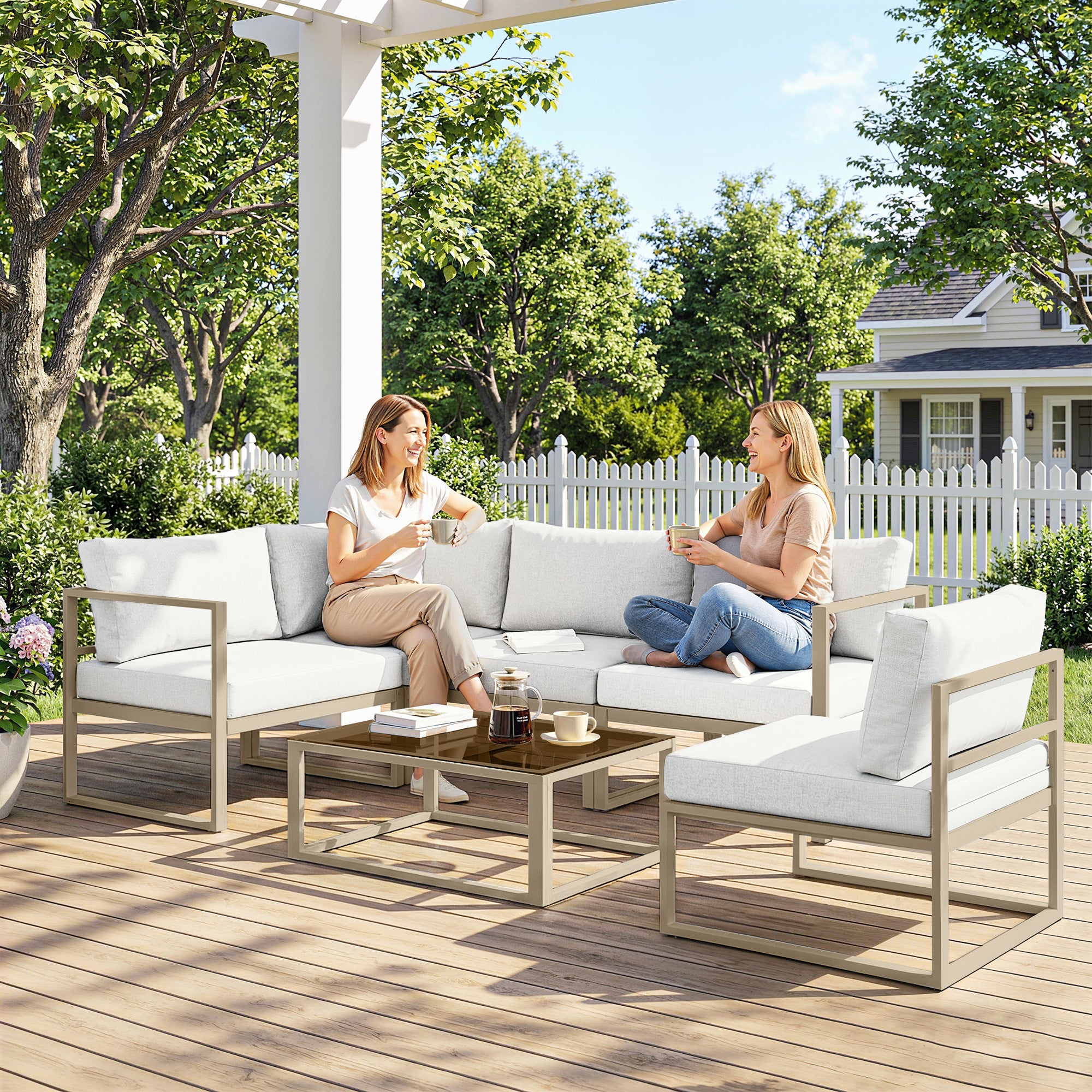 Outsunny 5 Seater Aluminium Garden Furniture Set, Garden Sofa Set with Thick Cushions for Patio and Balcony, Outdoor, White
