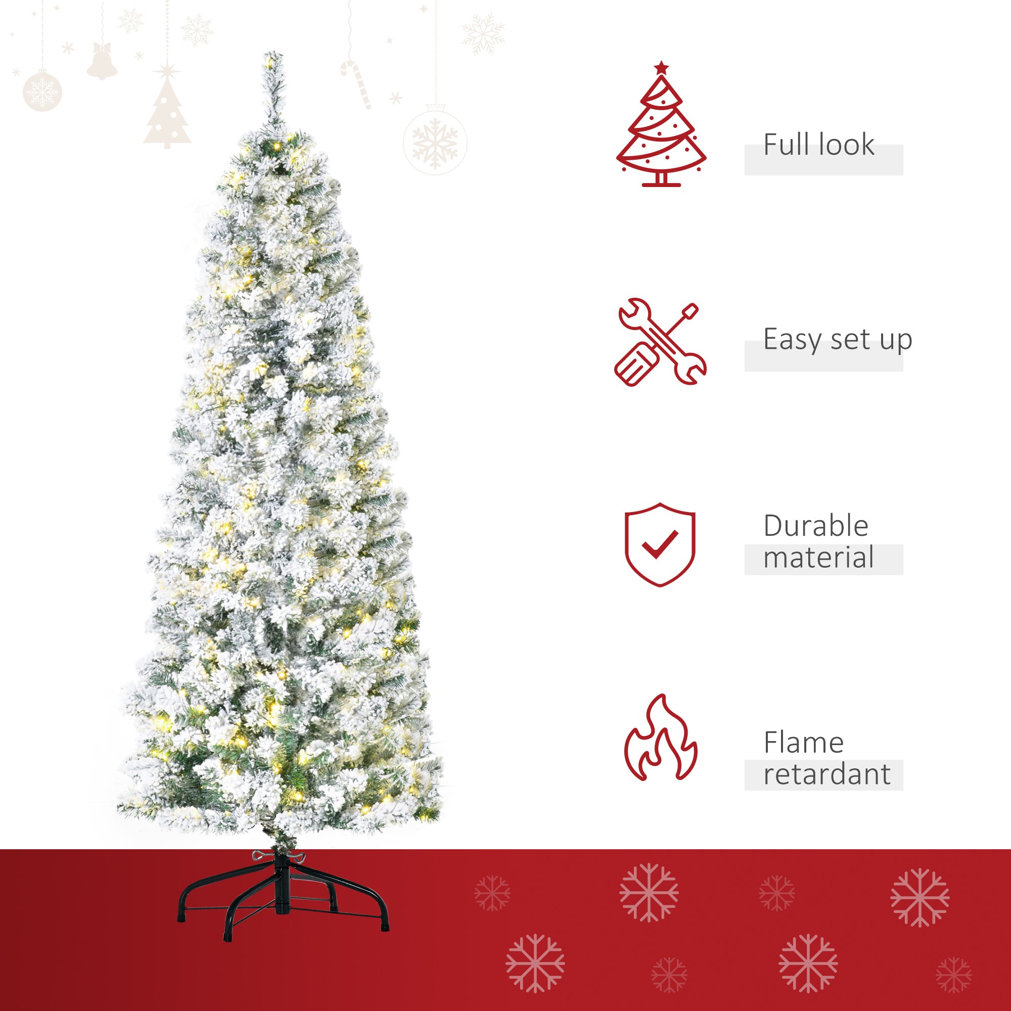 HOMCOM 6FT Prelit Artificial Snow Flocked Christmas Tree with Warm White LED Light, Holiday Home Xmas Decoration, Green White